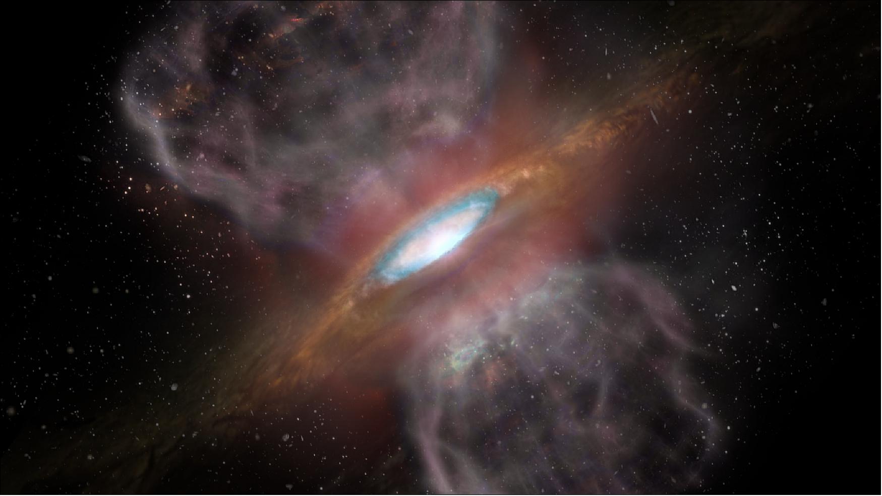 Figure 103: Artist impression of Orion Source I, a young, massive star about 1,500 light-years away. New ALMA observations detected a ring of salt — sodium chloride, ordinary table salt — surrounding the star. This is the first detection of salts of any kind associated with a young star. The blue region (about 1/3 the way out from the center of the disk) represents the region where ALMA detected the millimeter-wavelength “glow” from the salts (image credit: NRAO/AUI/NSF; S. Dagnello)