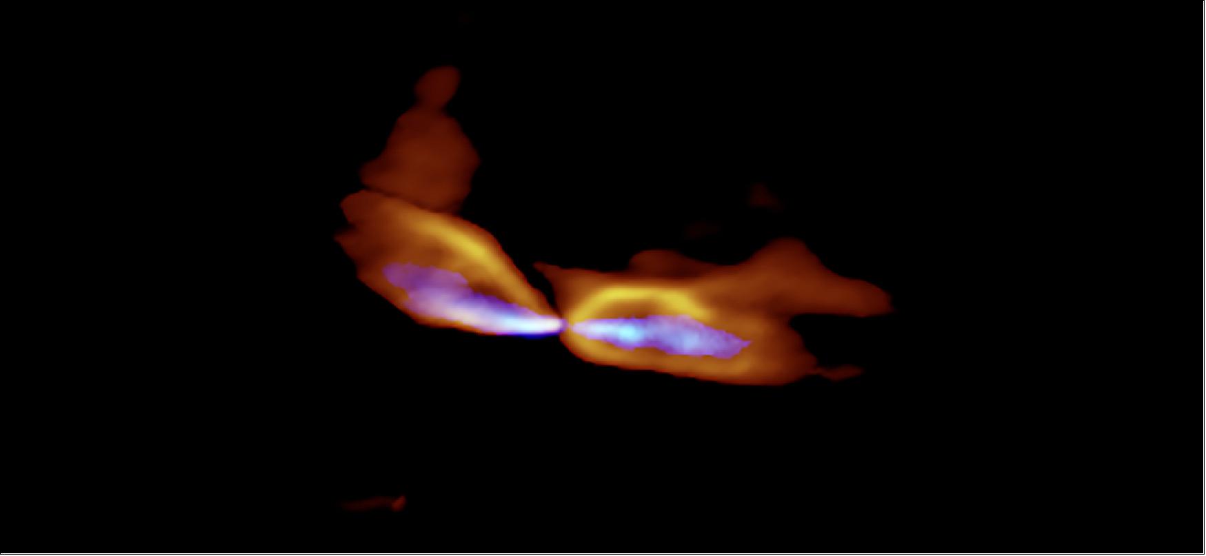 Figure 100: ALMA image of the protostar MMS5/OMC-3. The protostar is located at the center and the gas streams are ejected to the east and west (left and right). The slow outflow is shown in orange and the fast jet is shown in blue. It is obvious that the axes of the outflow and jet are misaligned (image credit: ALMA (ESO/NAOJ/NRAO) Matsushita et al.)