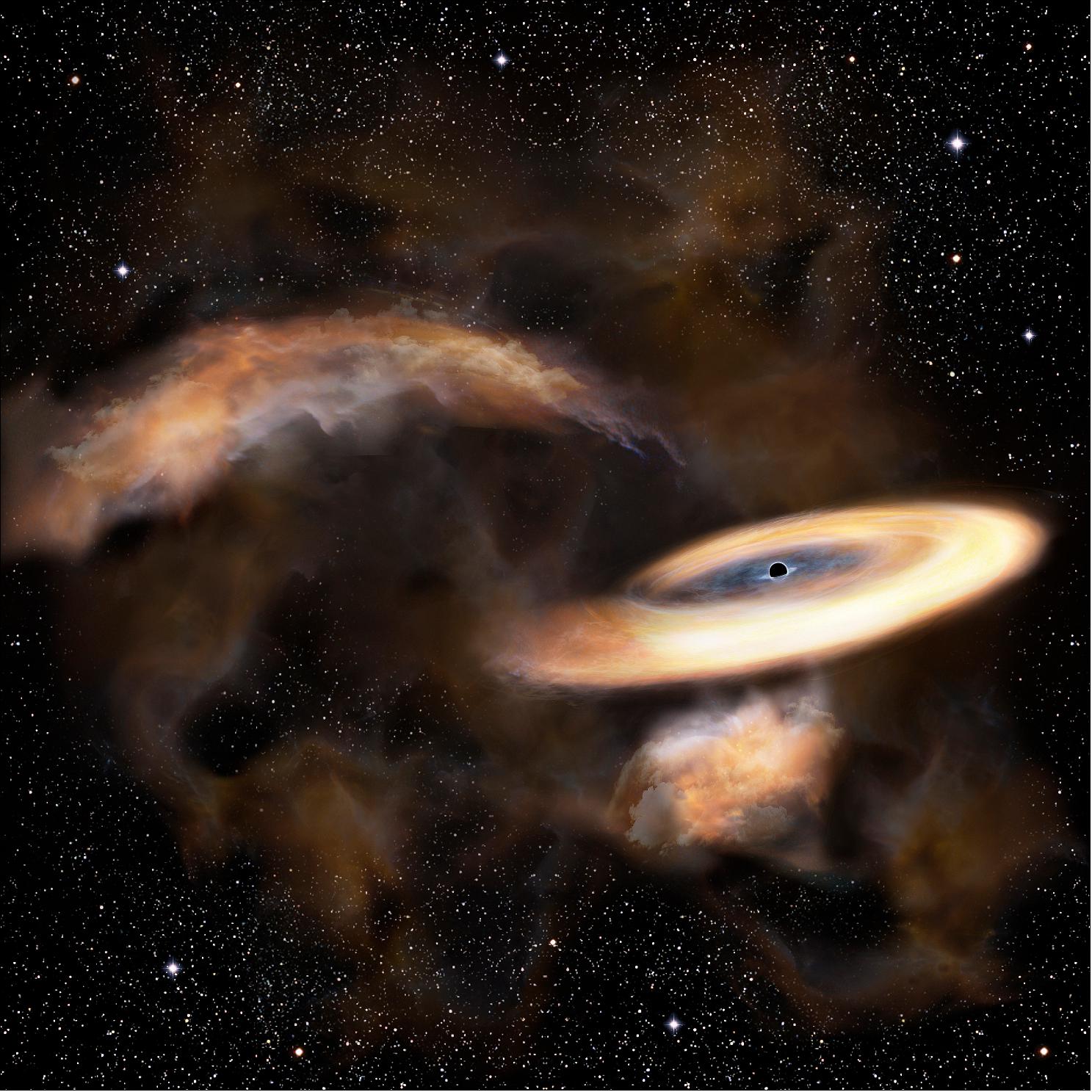 Figure 99: Artist’s impression of a gas cloud swirling around a black hole [image credit: NAOJ (National Astronomical Observatory of Japan)]