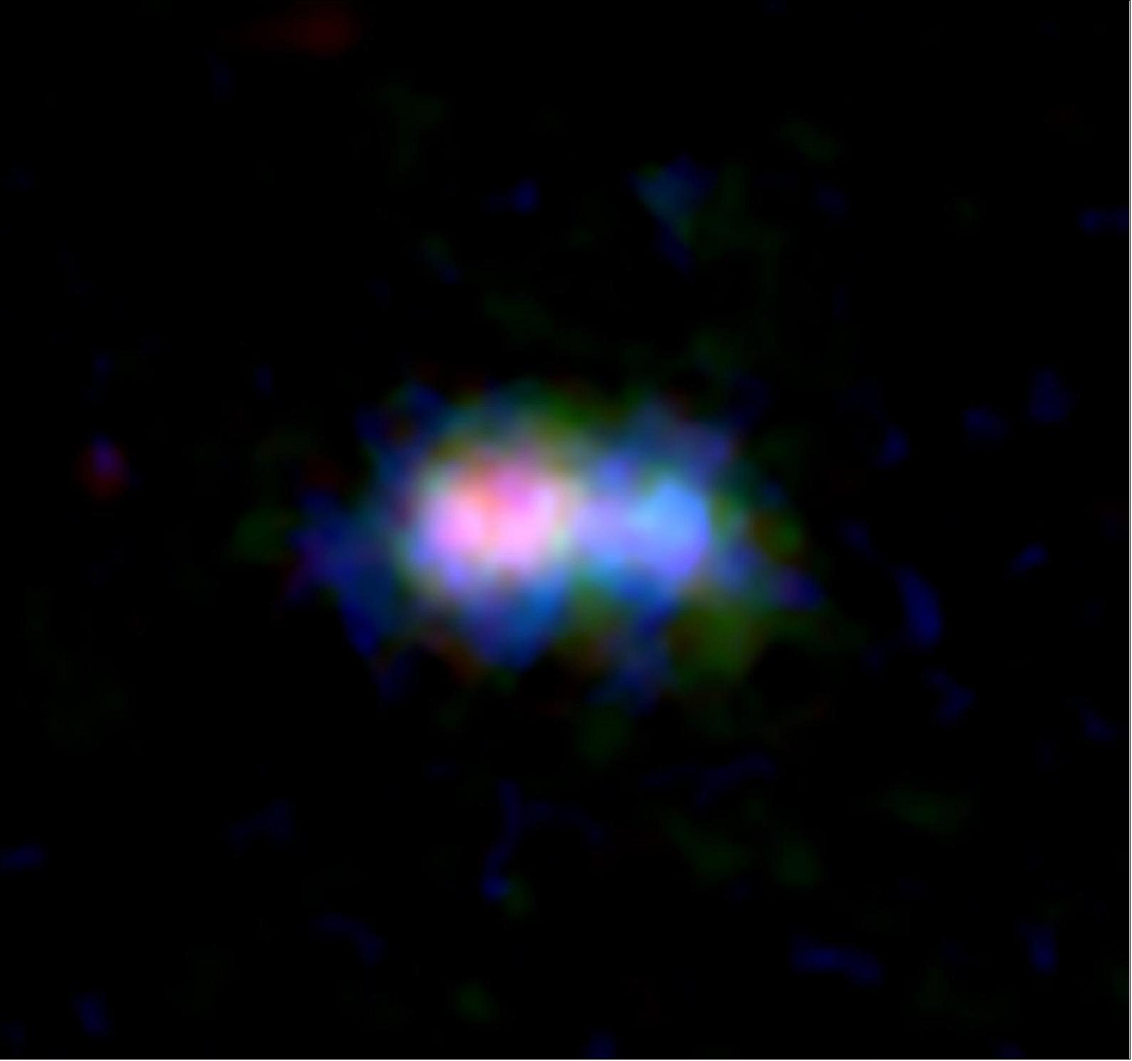 Figure 94: ALMA and Hubble Space Telescope (HST) image of the distant galaxy MACS0416_Y1. Distribution of dust and oxygen gas traced by ALMA are shown in red and green, respectively, while the distribution of stars captured by HST is shown in blue [image credit: ALMA (ESO/NAOJ/NRAO), NASA/ESA Hubble Space Telescope, Tamura, et al.]