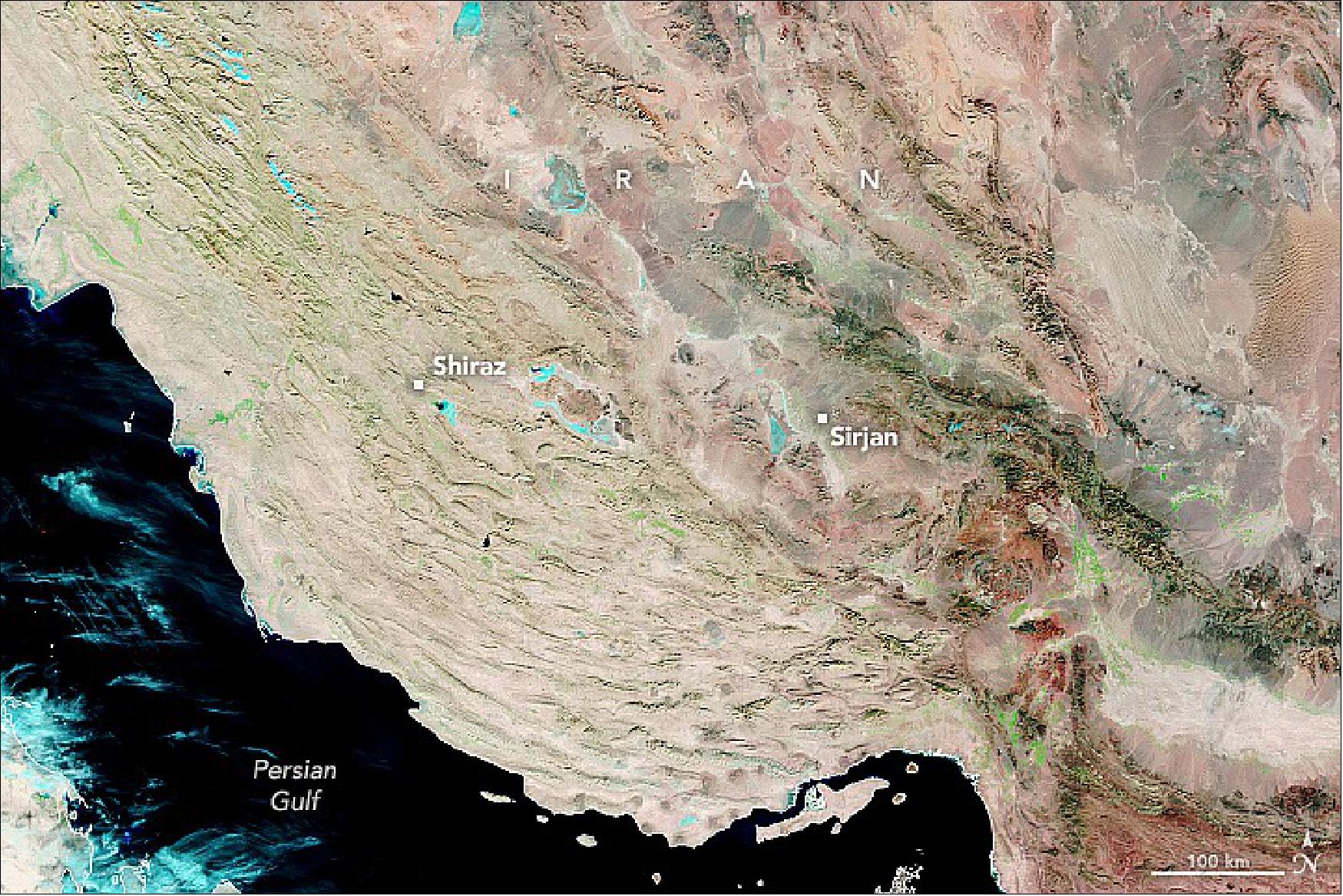 Figure 45: For comparison, this image shows the same area on December 14, 2021, before the storms hit. The images are false color, using a combination of visible and shortwave infrared light (bands 7-2-1) to make it easier to distinguish between land and water. Dry land appears brown; vegetated areas are green. Areas covered by water are dark blue (image credit: NASA Earth Observatory)