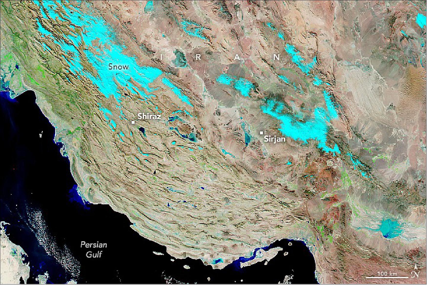 Figure 44: The MODIS instrument on NASA’s Aqua satellite captured imagery of flooding in southern Iran on January 7, 2022. After months of severe drought, a burst of rain is causing problems (image credit: NASA Earth Observatory image by Lauren Dauphin, using MODIS data from NASA EOSDIS LANCE and GIBS/Worldview. Story by Adam Voiland)