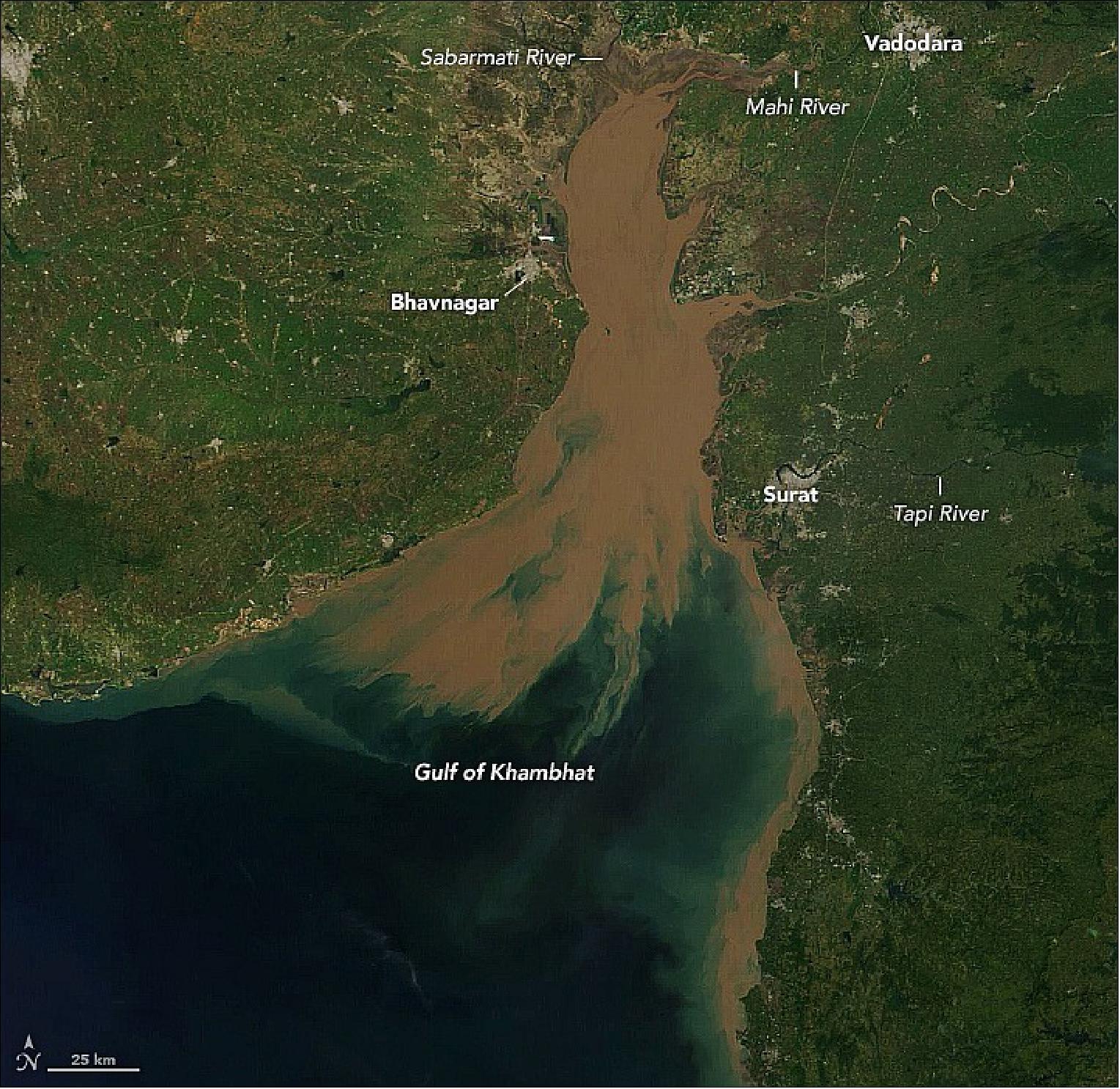 Figure 43: This image was acquired on 16 April 2021. High tides and strong currents keep sediment on the move in India’s Gulf of Khambhat (image credit: NASA Earth Observatory)