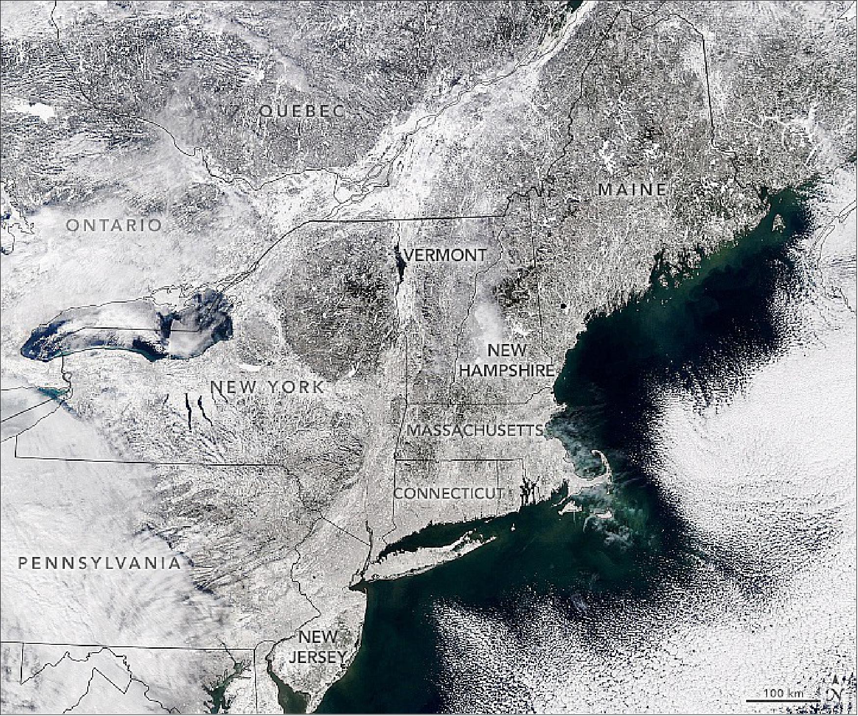 Figure 40: The combination of fierce winds and abundant snow forced the cancellation of nearly all airplane and train travel in the region. More than 100,000 people lost electricity during the storm, though nearly all had the lights back on by the morning of January 31. The MODIS instrument on NASA’s Aqua satellite acquired a natural-color view as people shoveled their way out on January 30, 2022 (image credit: NASA Earth Observatory image by Lauren Dauphin, using MODIS data from NASA EOSDIS LANCE and GIBS/Worldview. Photograph by Adrian Loftus, NASA GSFC. Story by Michael Carlowicz with Sofie Bates, NASA Earth Science News Team)