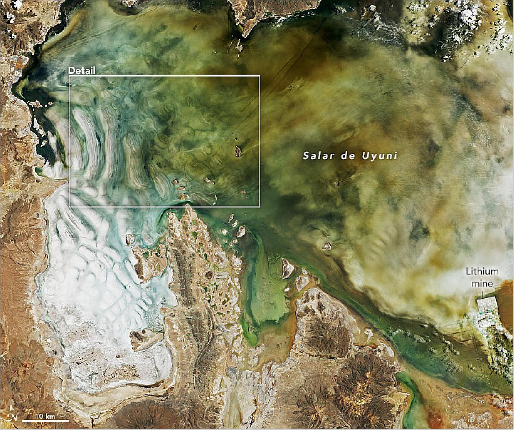 Figure 37: The natural-color images (Figures 37 and 38) were acquired on January 31, 2022, by the Operational Land Imager (OLI) on Landsat-8. Note the discoloration of the water and the salt flat, which could be due to a combination of runoff, volcanic sediments, and microbes or algae thriving in the water (image credit: NASA Earth Observatory)