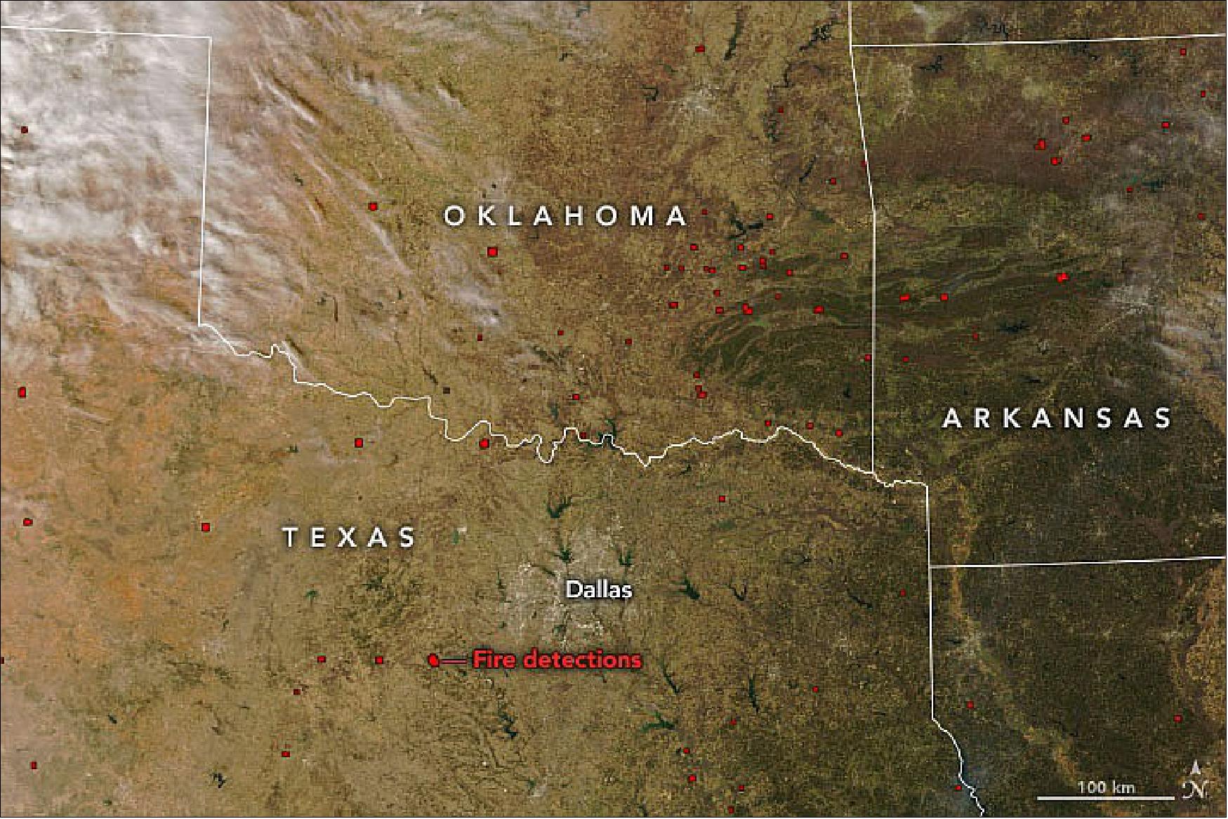 Figure 33: More than 100,000 acres have burned in a mid-March wildfire outbreak. On March 20, 2022, the MODIS instrument on NASA’s Aqua satellite acquired images of fires scattered across the Southern Plains of the United States. The natural-color image above is overlaid with red boxes indicating locations where MODIS detected heat signatures indicative of fire (image credit: NASA Earth Observatory images by Joshua Stevens, using MODIS data from NASA EOSDIS LANCE and GIBS/Worldview, and data from the Fire Information for Resource Management System (FIRMS). Story by Michael Carlowicz)
