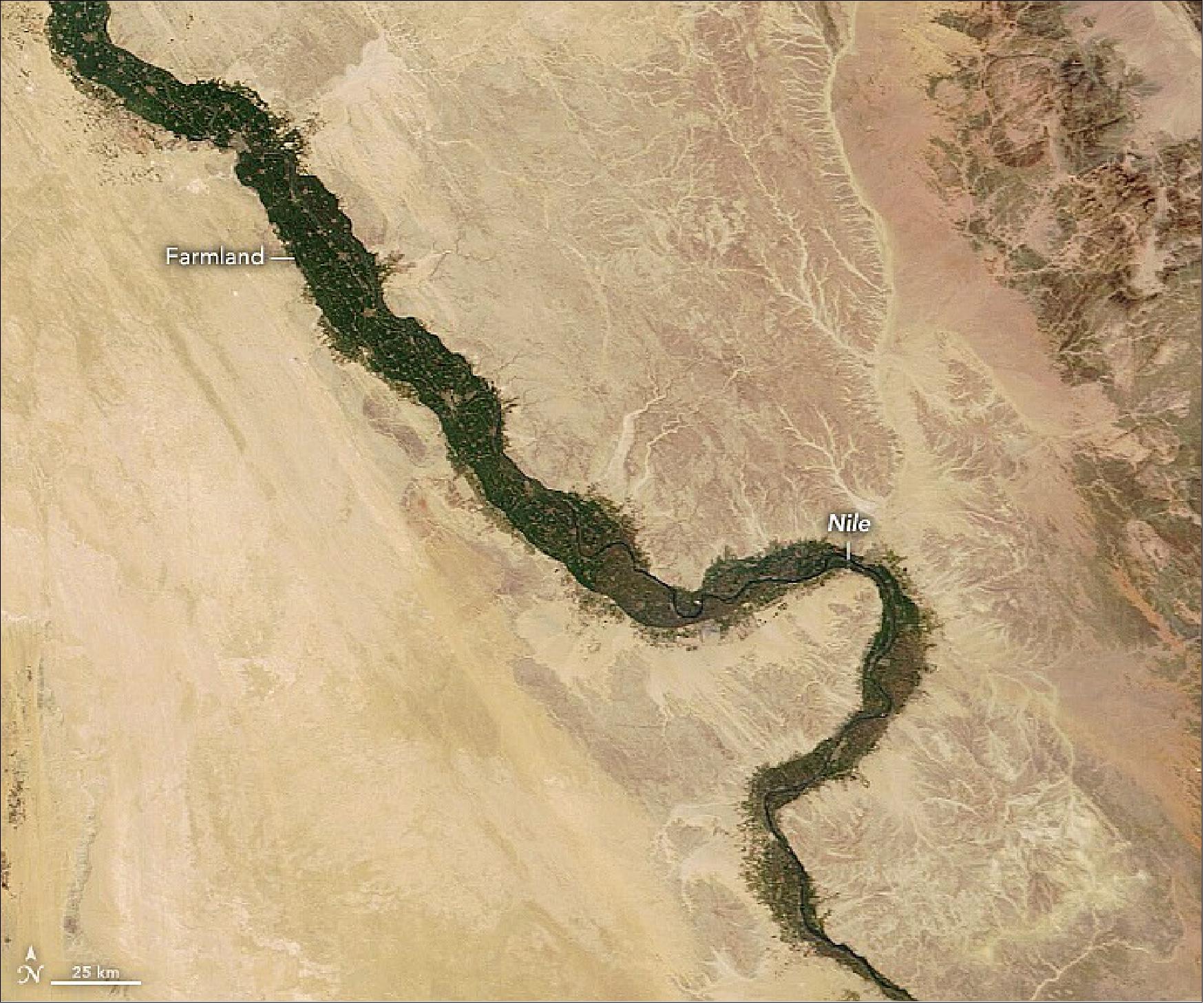 Figure 30: Aqua image of March 27 2022 showing the farmland of Egypt along the riverbanks of the Nile (image credit: NASA Earth Observatory)