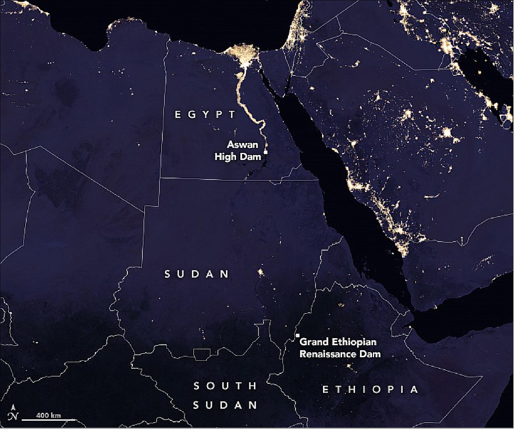 Figure 28: Image of North-East Africa acquired with the VIIRS instrument of the Suomi-NPP mission in 2016 illustrating the night-time illumination in Ethiopia (image credit: NASA Earth Observatory)