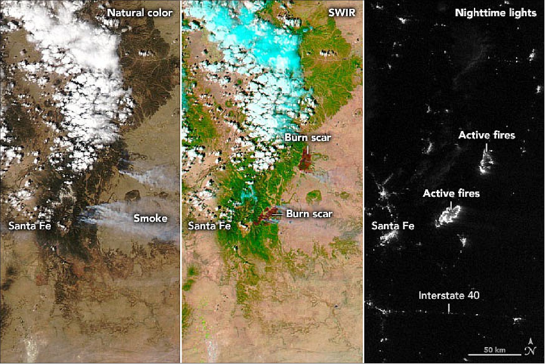 Figure 27: These images provide three satellite views of the area near Santa Fe on April 23. The natural-color and false-color (shortwave infrared and visible light, bands 7-2-1) images were acquired by the MODIS instrument on NASA’s Aqua satellite. The false-color view makes it easier to distinguish the burn scar on the landscape. The nighttime view was acquired around 2 a.m. local time on April 23 with the Visible Infrared Imaging Radiometer Suite (VIIRS) on the NOAA-NASA Suomi NPP satellite (image credit: NASA Earth Observatory images by Joshua Stevens, using MODIS data from NASA EOSDIS LANCE and GIBS/Worldview, and the Suomi National Polar-orbiting Partnership (SuomiNPP). Story by Michael Carlowicz)