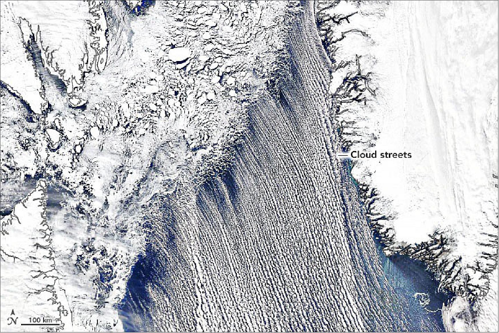 Figure 25: Strong winds stir up some compelling cloud patterns west and south of the continent. Detail image captured with the MODIS instrument on NASA’s Aqua satellite, the image shows cloud streets sweeping over the open water between Labrador, Canada, and southwest Greenland (image credit: NASA Earth Observatory images by Joshua Stevens, using MODIS data from NASA EOSDIS LANCE and GIBS/Worldview. Story by Kathryn Hansen)