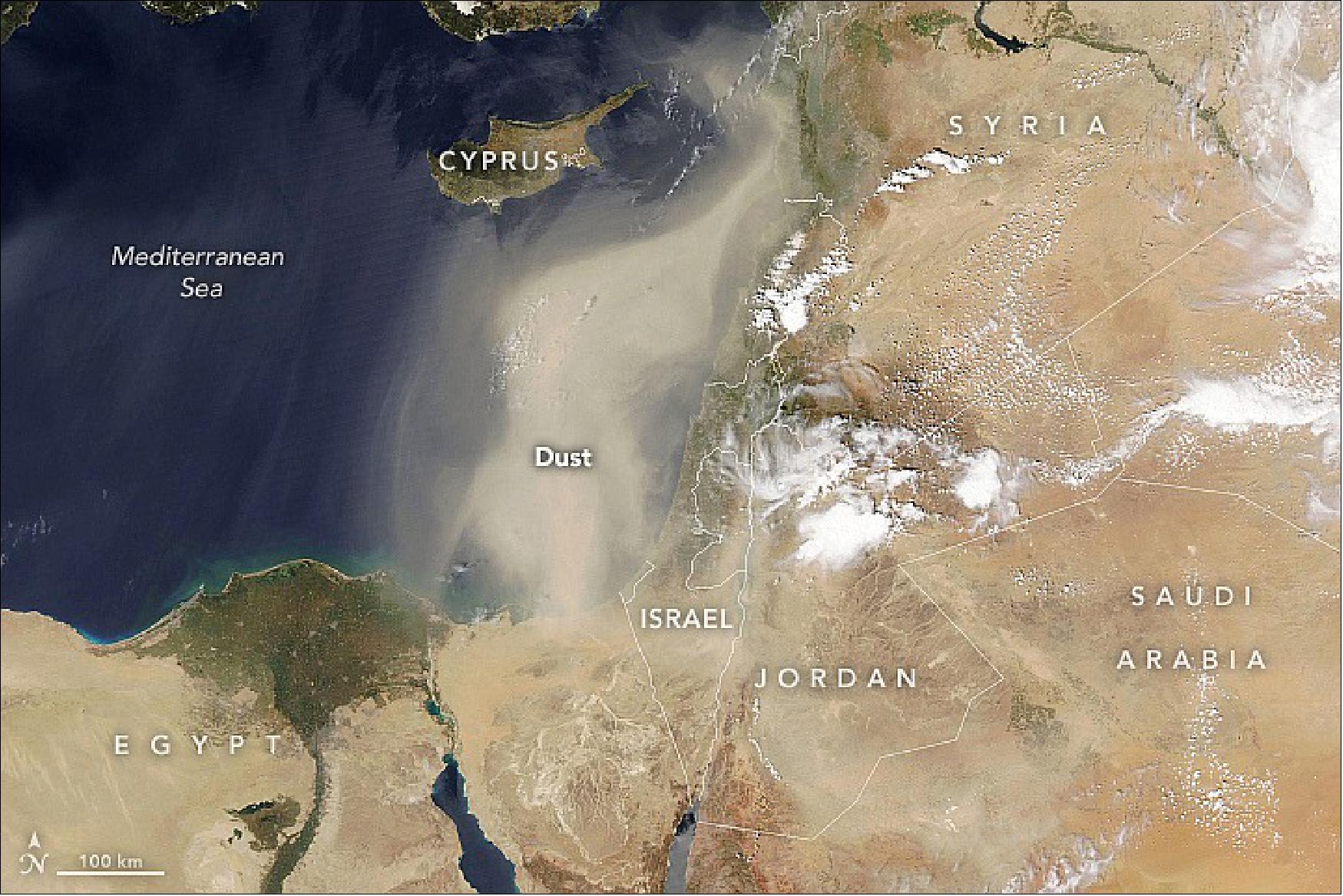 Figure 24: A dust storm over the Eastern Mediterranean was accompanied by thunderstorms that also brought hail and flash floods. The dust is visible drifting over the eastern Mediterranean in this image, acquired on April 24 by the MODIS instrument on NASA’s Aqua satellite (image credit: NASA Earth Observatory image by Lauren Dauphin, using MODIS data from NASA EOSDIS LANCE and GIBS/Worldview. Story by Sara E. Pratt)