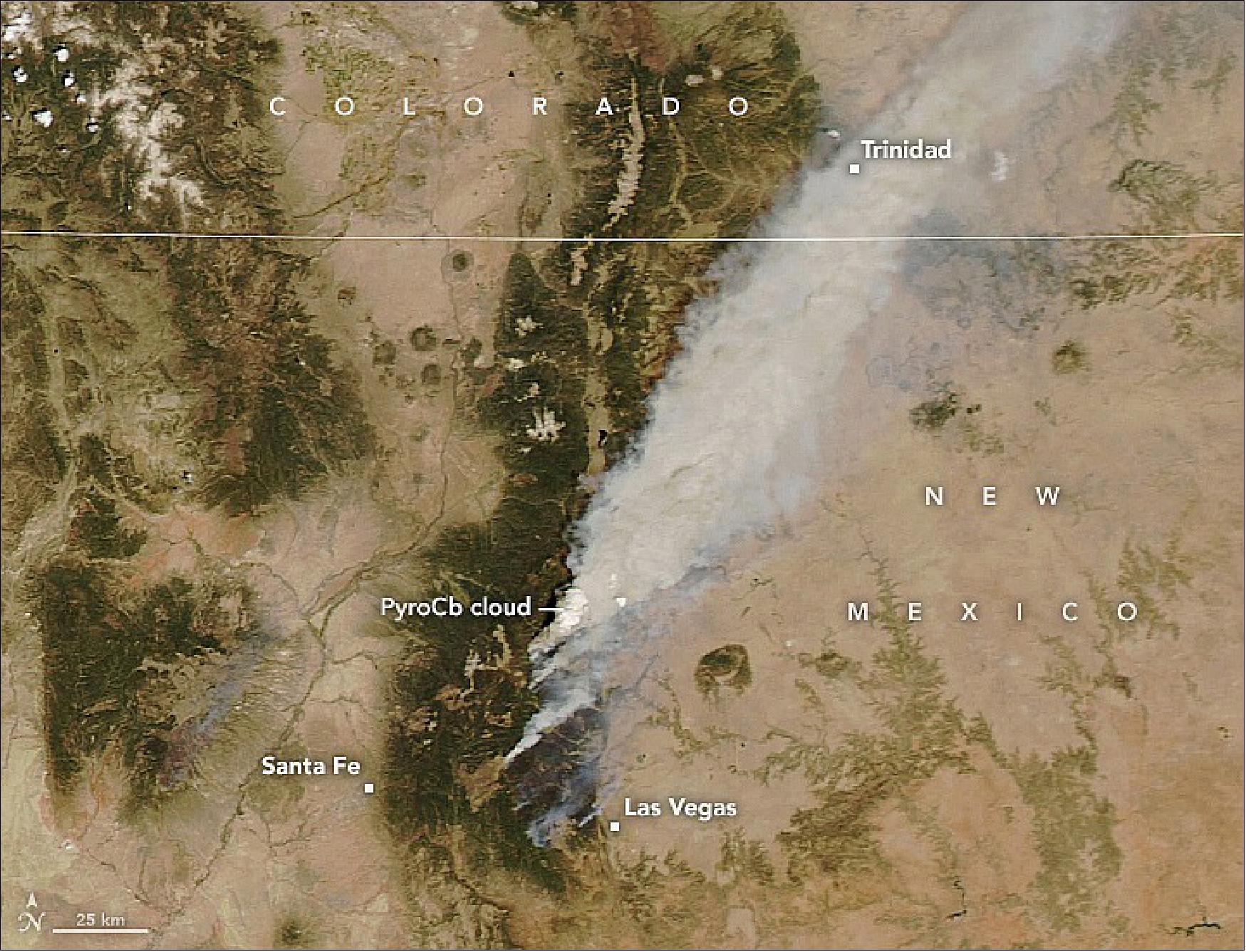 Figure 16: A massive, early season wildfire that continues to burn. On May 10, 2022, the northern part of the fire produced a pyrocumulonimbus cloud (pyroCb). These vertical plumes, generated by the heat from a wildfire, can loft smoke and particulates high into the stratosphere. The pyroCb can be seen in the above natural-color image, which was acquired by the Moderate Resolution Imaging Spectroradiometer (MODIS) on NASA’s Aqua satellite on May 10 (image credit: NASA Earth Observatory image by Lauren Dauphin, using MODIS data from NASA EOSDIS LANCE and GIBS/Worldview. Story by Sara E. Pratt.