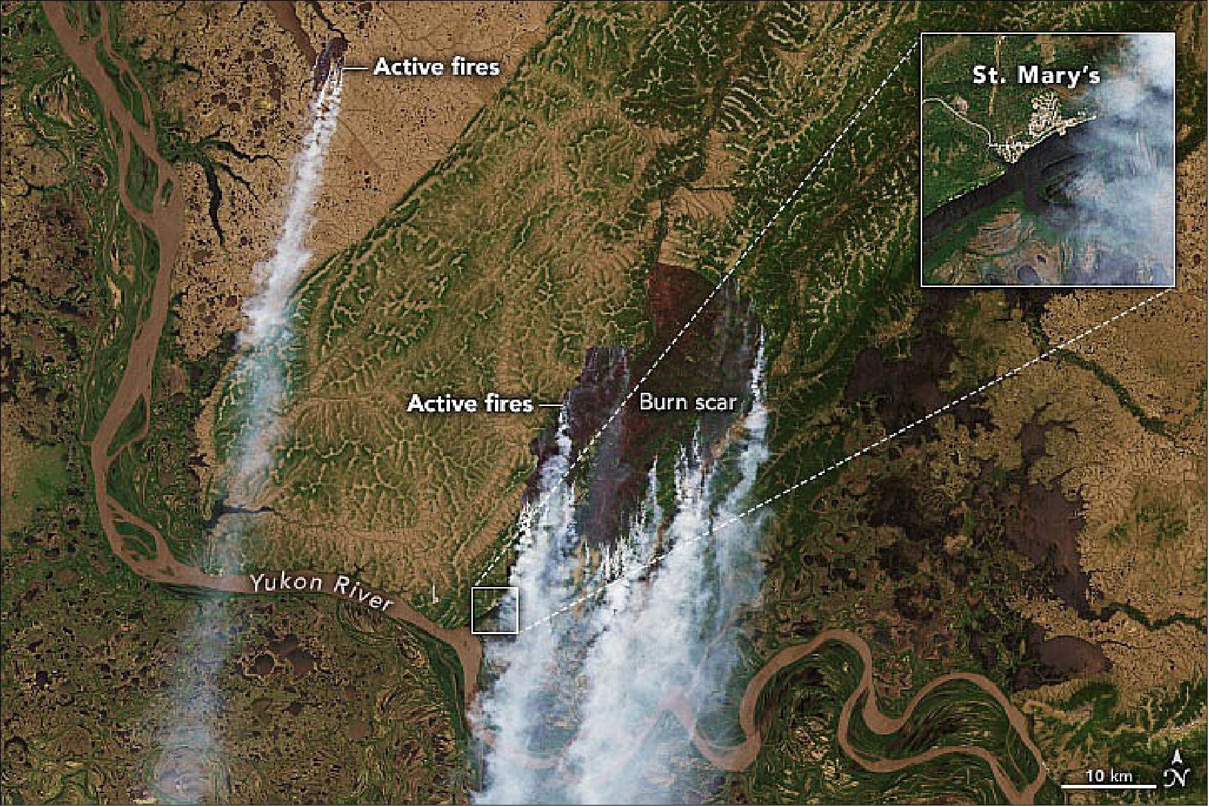 Figure 9: Dozens of wildfires, including the largest tundra fire on record for the Yukon, are burning across the state. In this detailed image, acquired by the Operational Land Imager (OLI) on Landsat-8, smoke is billowing from the East Fork fire and the Apoon Pass fire, which has burned about 15,000 acres (image credit: NASA Earth Observatory)