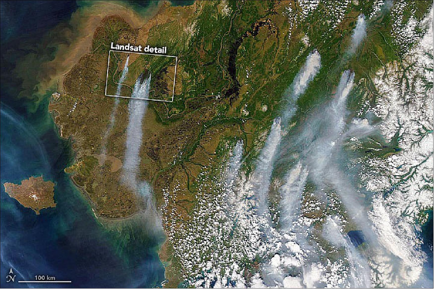 Figure 8: As of June 14, 2022, there were 85 active fires burning across the state. More than half of them were burning in southwest Alaska, which is shown in a natural-color image acquired on June 10, 2022, by the Moderate Resolution Imaging Spectroradiometer (MODIS) on NASA’s Aqua satellite (image credit: NASA Earth Observatory images by Joshua Stevens, using Landsat data from the U.S. Geological Survey and MODIS data from NASA EOSDIS LANCE and GIBS/Worldview. Story by Sara E. Pratt)