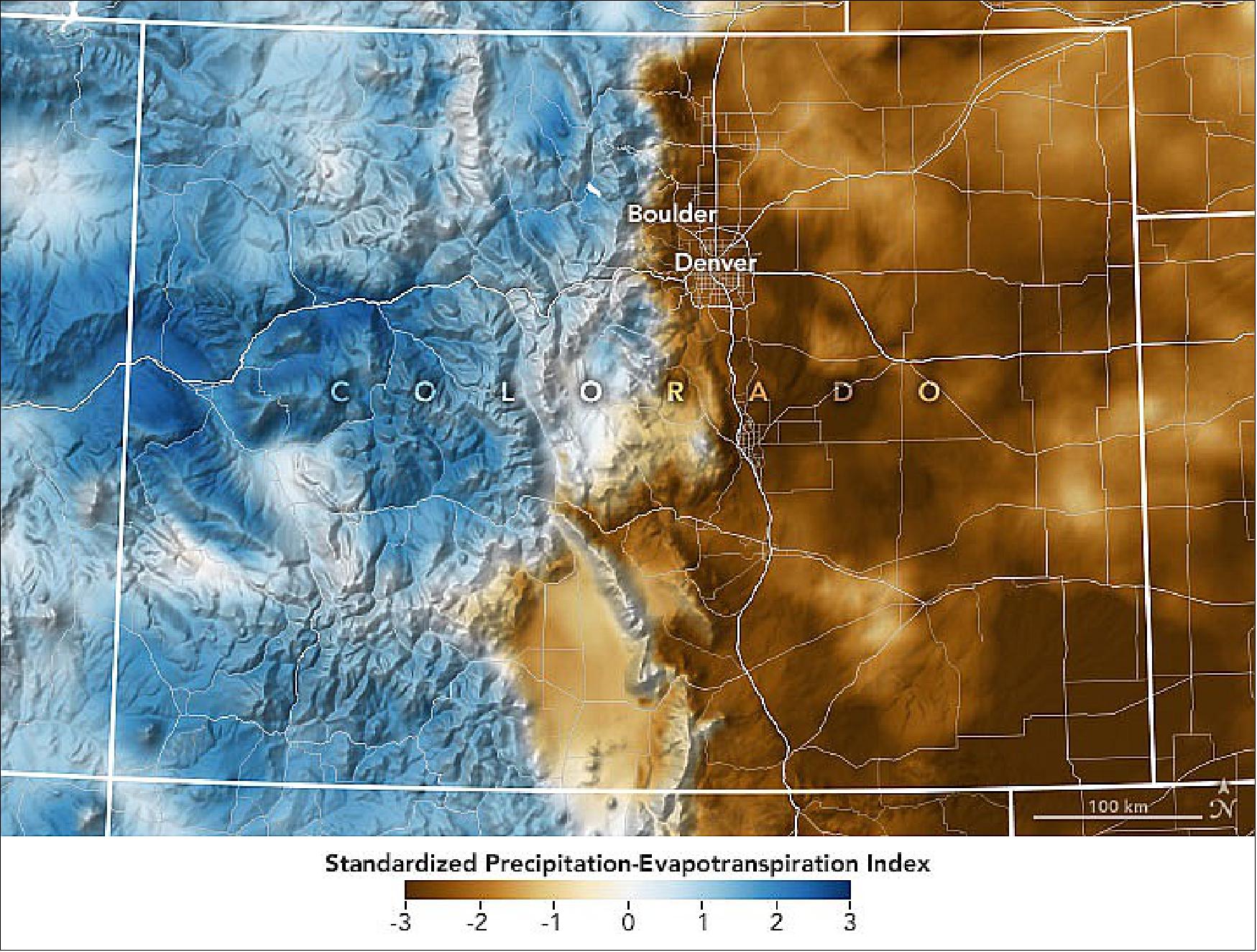 Figure 49: In 2021, Colorado saw an unseasonably warm summer and fall, coupled with record dryness. The warm, dry spell followed an unusually wet spring, which reduced wildfires through the summer and fueled the growth of vegetation—which then dried out and provided ample tinder for the December fire (image credit: NASA Earth Observatory)