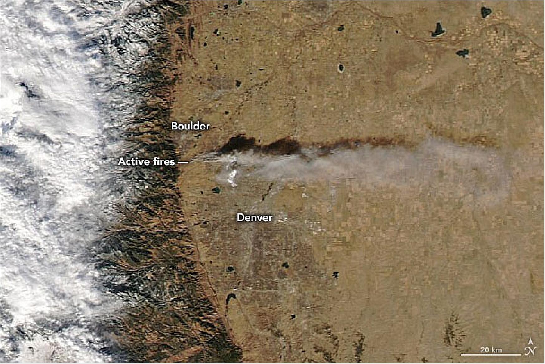 Figure 48: The natural-color image above was acquired just a few hours after the fire started on December 30 by the Moderate Resolution Imaging Spectroradiometer (MODIS) on NASA’s Aqua satellite. At the time, the smoke plume—which was also visible on radar—stretched about 60 miles (100 kilometers) over Colorado’s eastern plains. The fire also generated its own weather: the rising heat created a low-pressure area that drew surface winds toward the fire from all directions (image credit: NASA Earth Observatory images by Joshua Stevens, using MODIS data from NASA EOSDIS LANCE and GIBS/Worldview, and PRISM data courtesy of the West Wide Drought Tracker. Text by Sara E. Pratt)
