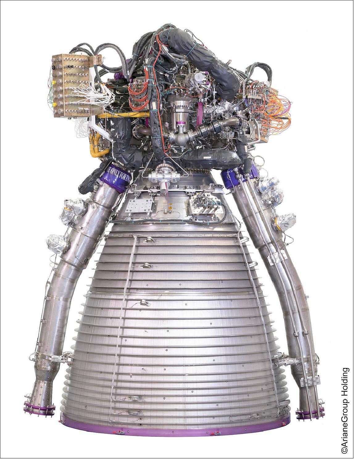 Figure 78: On 10 October 2017, the M1 demonstration flight model of the Vulcain 2.1 main stage cryogenic rocket motor for Ariane 6 arrived in the DLR German Aerospace Center test facility in Lampoldshausen for functional tests. The Vulcain is 3.7 m high, 2.5 m in diameter with a mass of about 2 tons, and will deliver 135 tons of thrust in vacuum (image credit: ArianeGroup Holding)