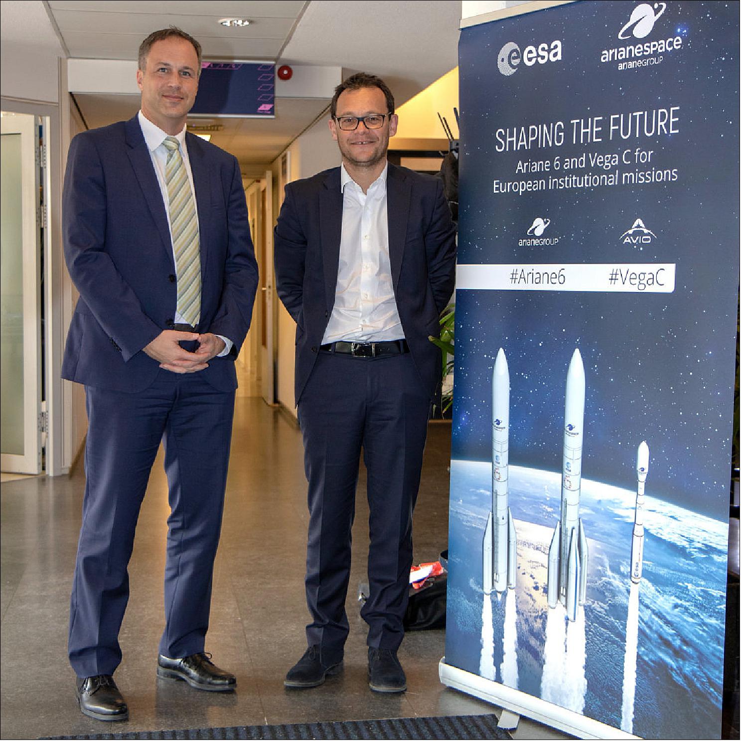 Figure 73: Daniel Neuenschwander, ESA’s Director of Space Transportation and Stéphane Israël, CEO at Arianespace welcomed about 100 attendees to a conference on Ariane 6 and Vega-C for institutional users at ESA/ESTEC in Noordwijk, the Netherlands on 4–5 April 2019 (image credit: ESA)