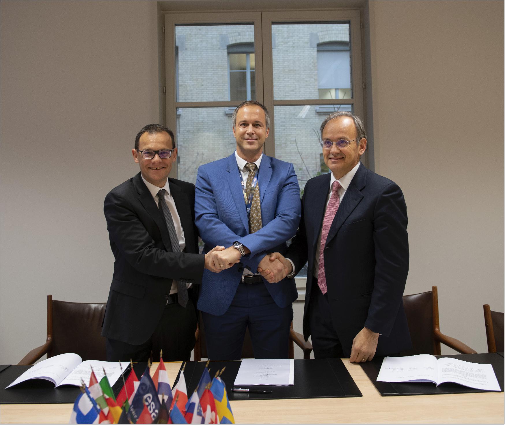 Figure 62: On 20 November 2019, the Vega-C protocol was signed at ESA Headquarters in Paris, France by Daniel Neuenschwander (center), ESA Director of Space Transportation; Stéphane Israel (left), CEO at Arianespace; and Giulio Ranzo (right), CEO at Avio. This protocol will govern the long-lasting exploitation of Vega-C. It covers aspects related to technical and industrial responsibilities in the wide range of areas pertaining to operations such as compliance with high-level requirements over the lifetime of both launchers, launch authorization, configuration management, and maintenance of various assets (image credit: ESA)
