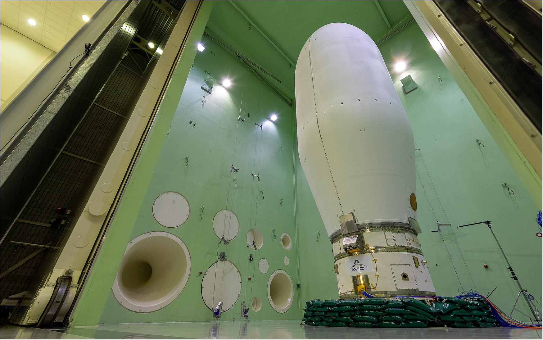 Figure 61: The 10-m high fairing of Europe’s inaugural Vega-C launcher atop a structural model of its upper stage, being prepared for acoustic testing within ESA’s Large European Acoustic Facility (LEAF) – which is able to simulate the extreme noise of a rocket take-off (image credit: ESA)