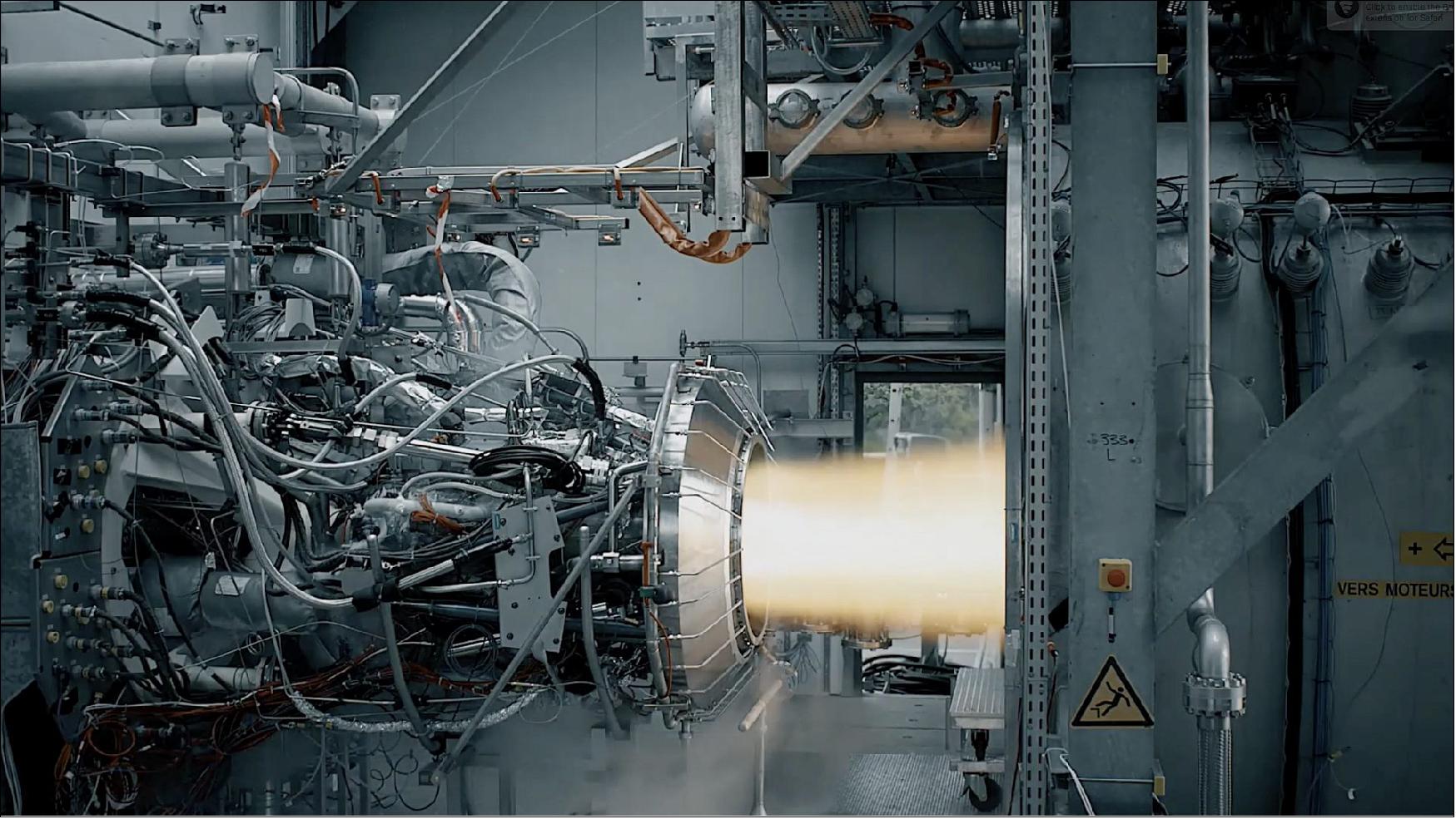 Figure 52: Vinci engine qualified in tests. Vinci is the re-ignitable engine of the upper stage that increases the operational flexibility of Ariane 6 and ensures that the engine safely deorbits at the end of the mission. This engine was successfully tested more than 140 times and reignited multiple times in succession in near vacuum to complete its qualification (image credit: ArianeGroup)