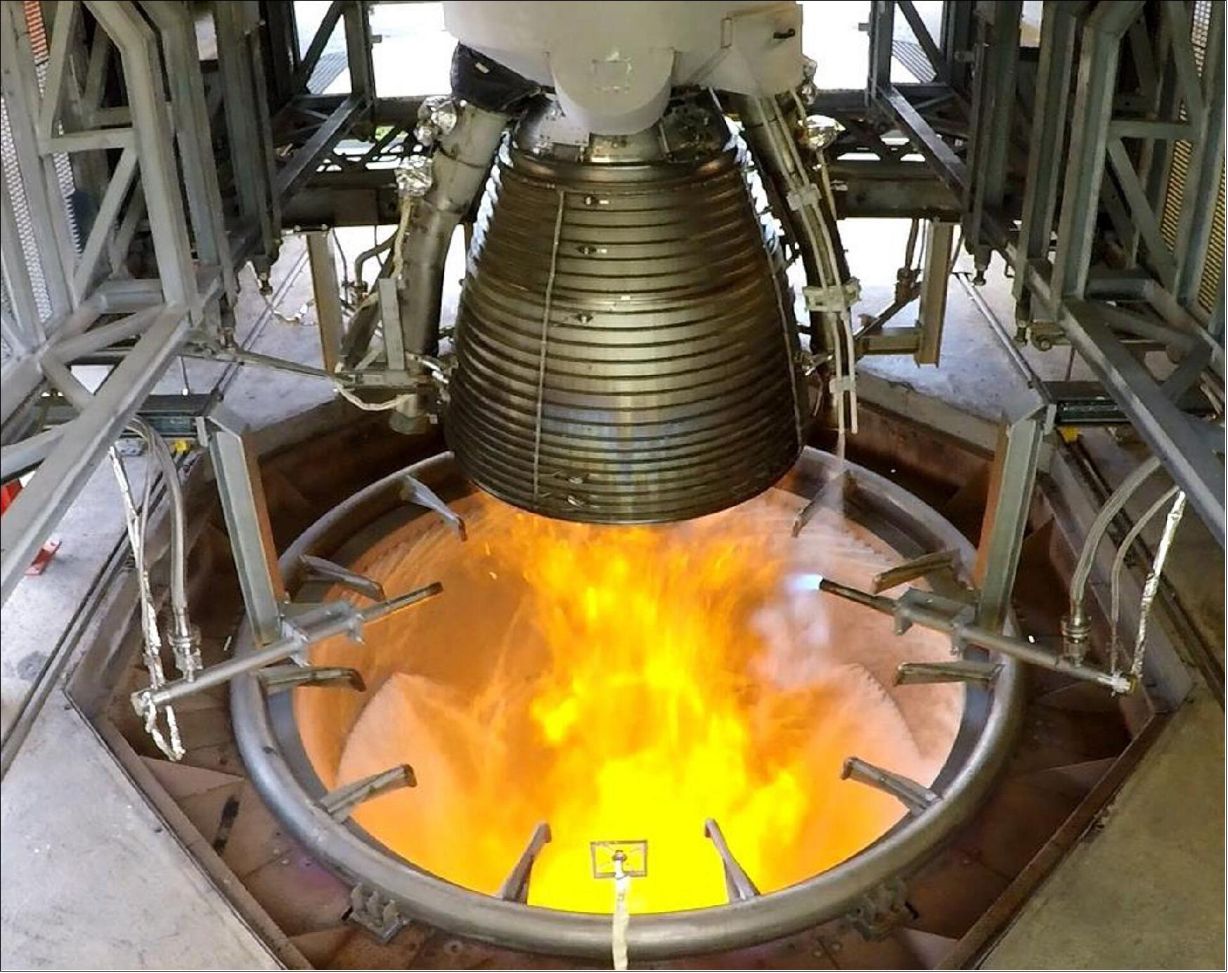 Figure 51: Vulcain 2.1 static firing test. The main stage Vulcain 2.1 engine will deliver 135 t of thrust to propel Ariane 6 in the first eight minutes of flight up to an altitude of 200 km. A review in September 2019 marked the culmination of two Vulcain static firing test campaigns over 15 months on two demonstration models in test facilities at the DLR German Aerospace Center test facility in Lampoldshausen. The final qualification static firing test of Vulcain 2.1 in July lasted almost 11 minutes (655 seconds). This completed a total of 13,798 seconds of operation, or nearly four hours with a controlled engine, using Ariane 6 flight actuators to gimbal the engine. The engine will be refurbished for dynamic and vibration tests. Combined tests using a fully representative main stage at Europe’s Spaceport in French Guiana, will finally qualify the Ariane 6 core stage for flight (image credit: ArianeGroup)