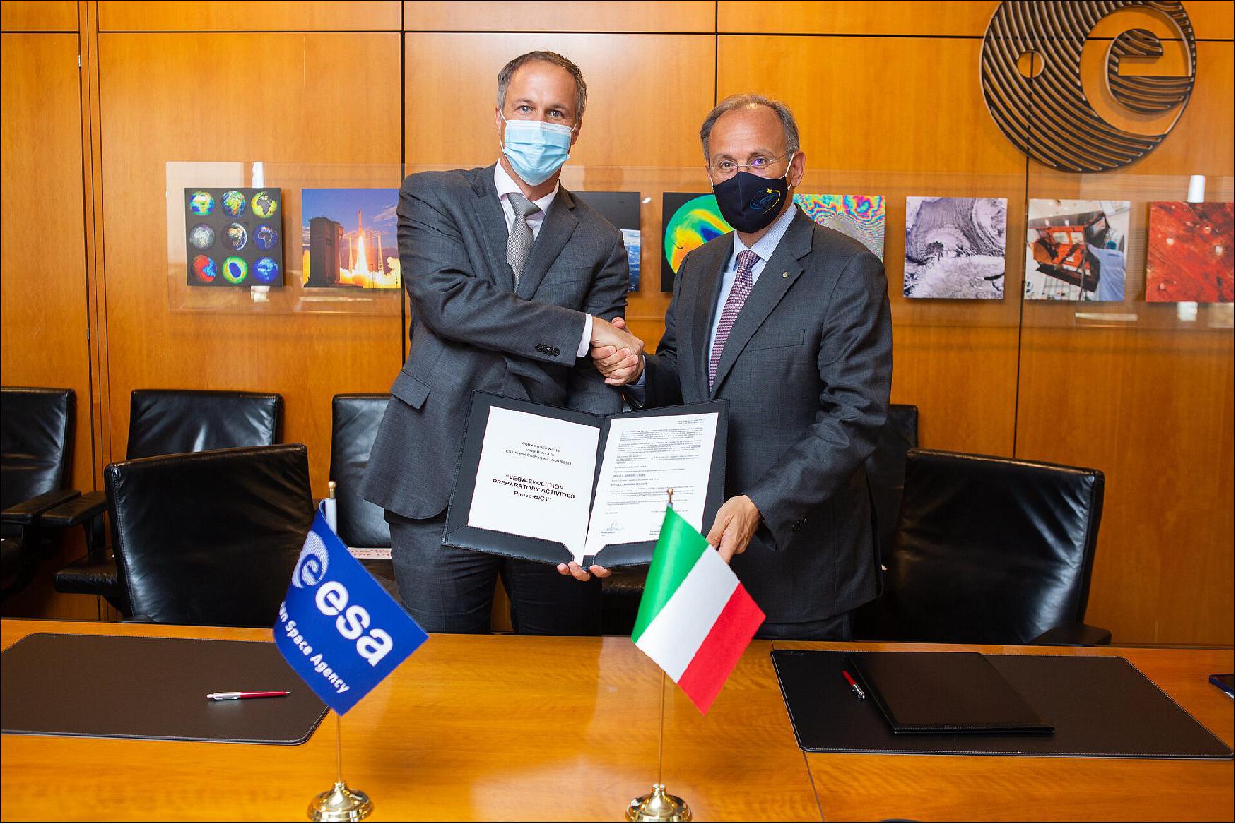Figure 35: A contract worth €118.8 m for the preparation of Vega-E was signed at ESA’s establishment in Frascati, Italy, by Daniel Neuenschwander, ESA Director of Space Transportation and Giulio Ranzo, CEO at Avio. This will further increase the competitiveness and environmental sustainability of Europe’s Vega launch system beyond 2025. - Prime contractor, Avio, with partners will further define the launcher system and its subsystems as well as the preliminary design of the Vega-E launch pad and the associated infrastructure at Europe’s Spaceport in French Guiana (image credit: ESA, Maria Novella De Luca)