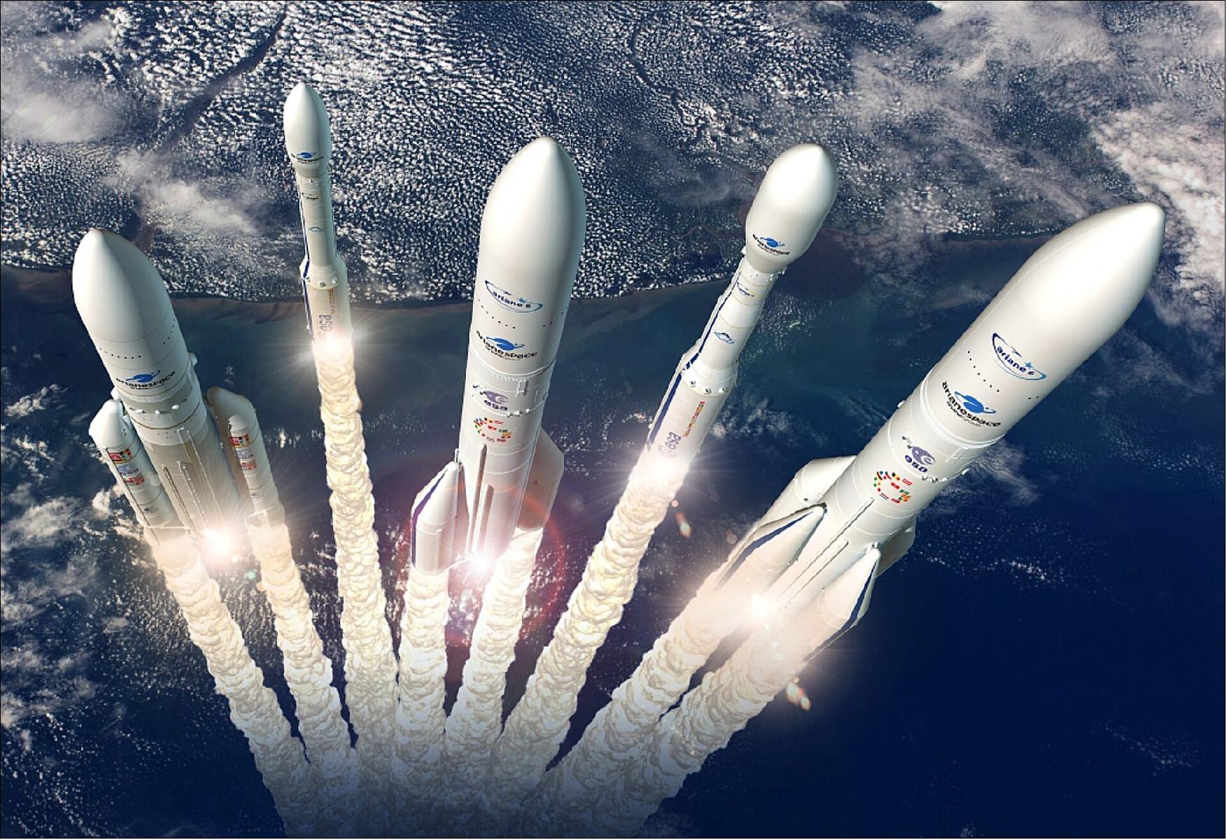 Figure 32: Artist's view of the European launcher family. Shown from left to right: Ariane 5, Vega, the two-booster Ariane 6 (A62), Vega-C, the four-booster Ariane 6 (A64). Ariane 5 and Vega are operated from Europe's Spaceport in Kourou, French Guiana. Vega-C will increase performance from Vega’s current 1.5 t to about 2.2 t in a reference 700 km polar orbit, covering identified European institutional users’ mission needs, with no increase in launch service and operating costs. Ariane 6 provides a modular architecture using either two boosters (Ariane 62) or four boosters (Ariane 64), depending on the required performance. The P120C solid-propellant boosters will be common with Vega-C (image credit: ESA, D. Ducros)