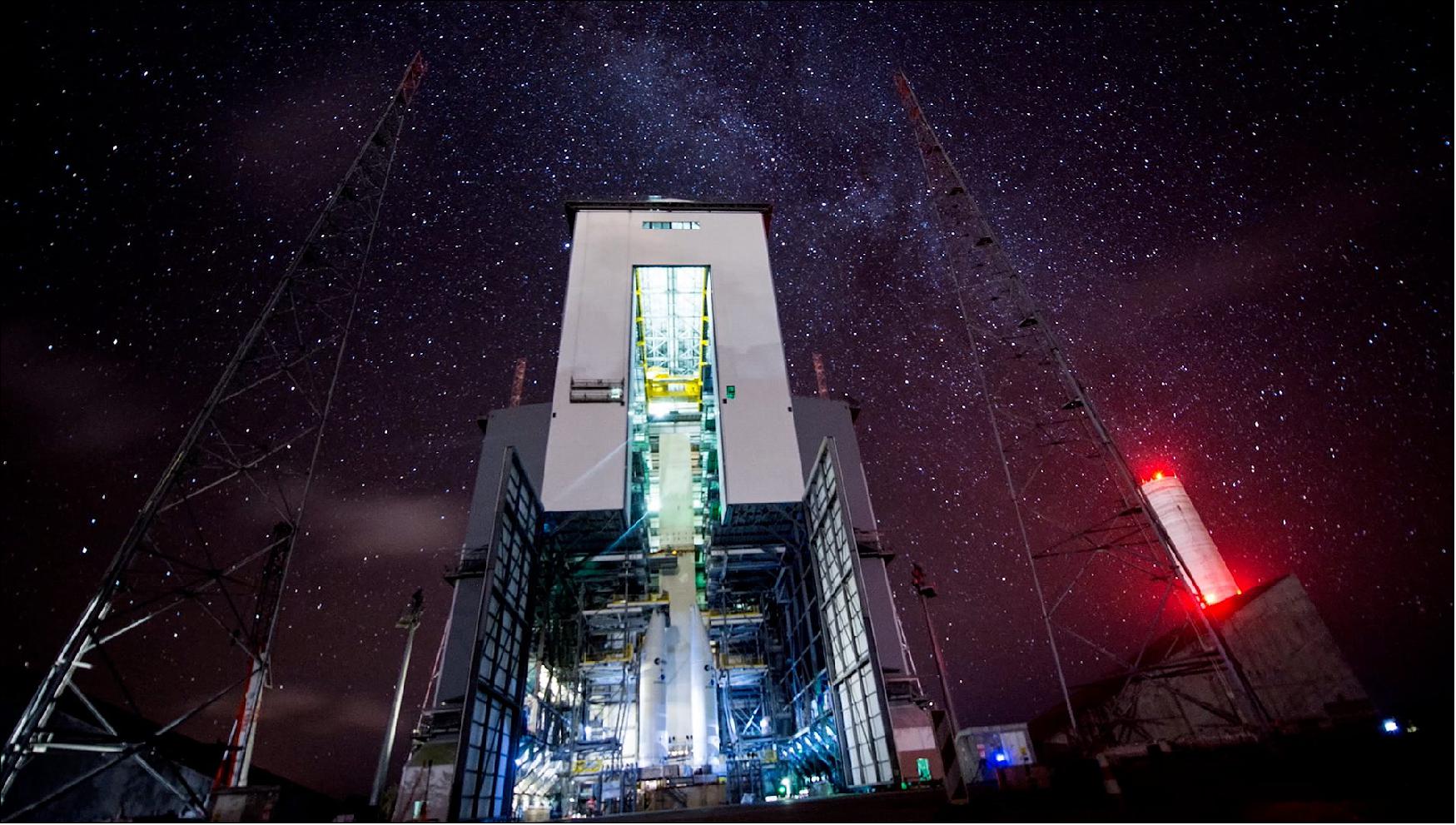 Figure 27: A timelapse was filmed under the stars on the Ariane 6 launch base at Europe’s Spaceport in French Guiana. Preparations are under way for the arrival of Ariane 6, Europe’s next-generation launch vehicle. Imagine yourself standing on the launch pad in front of the 90-meter high mobile gantry looking at the stars. Ariane 6, developed by ESA, has two versions depending on the required performance. This rocket will be capable of a wide range of missions to guarantee independent access to space for Europe (image credit: ESA/CNES/Arianespace)