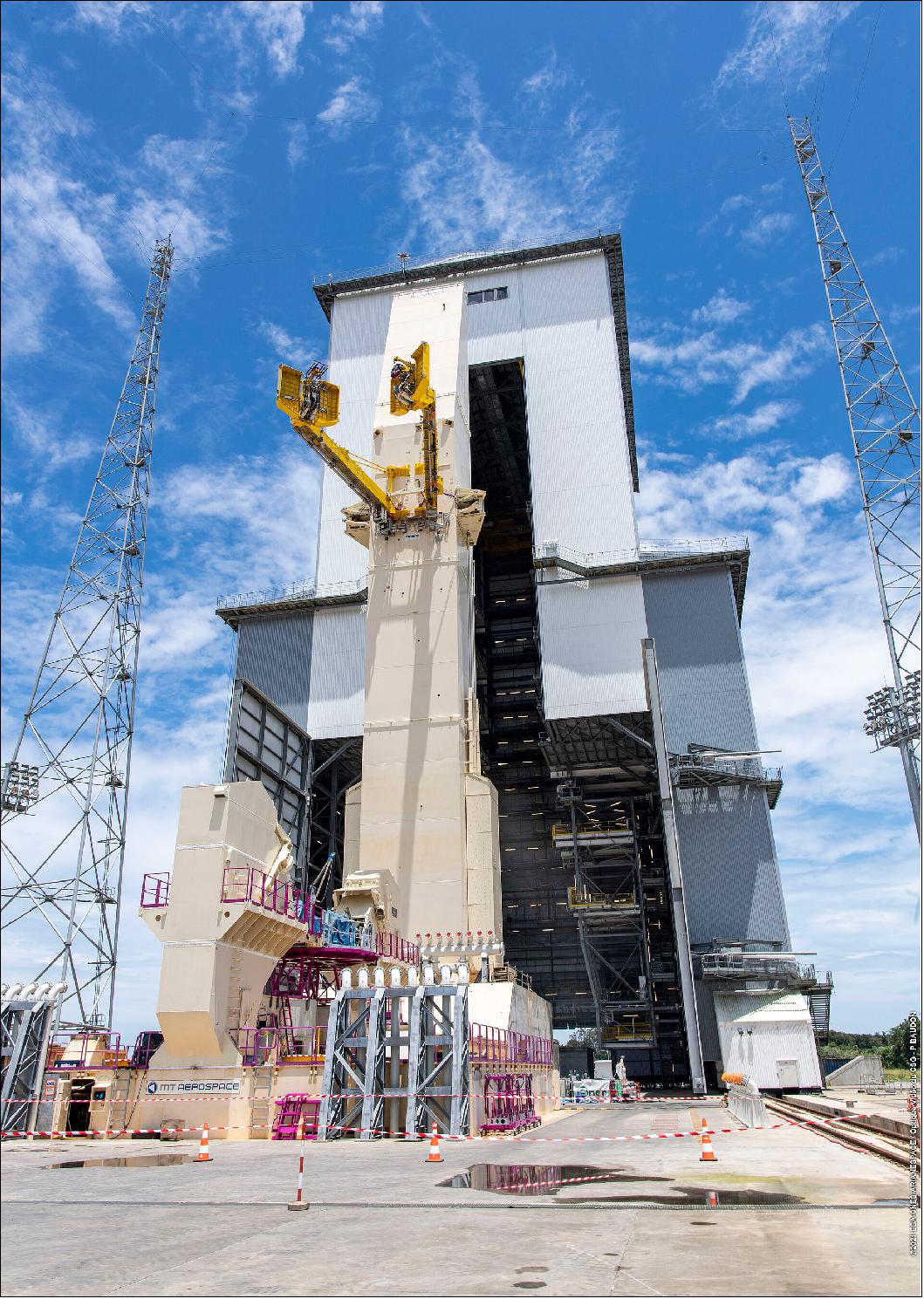 Figure 26: On the launch pad, two ‘cryo-arms’ made and tested in France have been attached to the upper end of the mast. They are part of the fluidic connection system which connects to the Ariane 6 upper stage (image credit: ESA/CNES/Arianespace)
