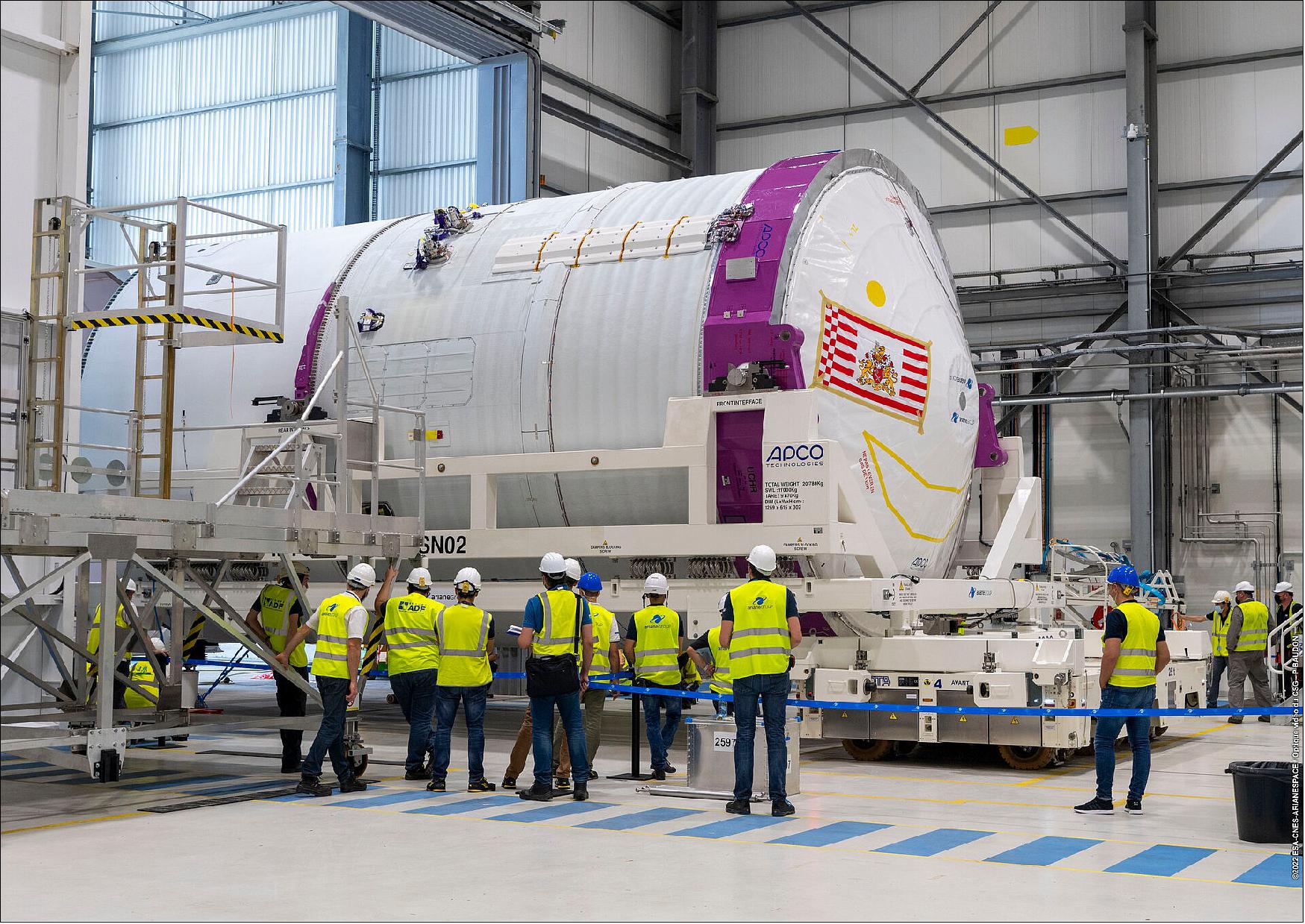 Figure 18: Ariane 6 upper stage inside the assembly building at Europe's Spaceport (image credit: ESA/CNES/Arianespace)