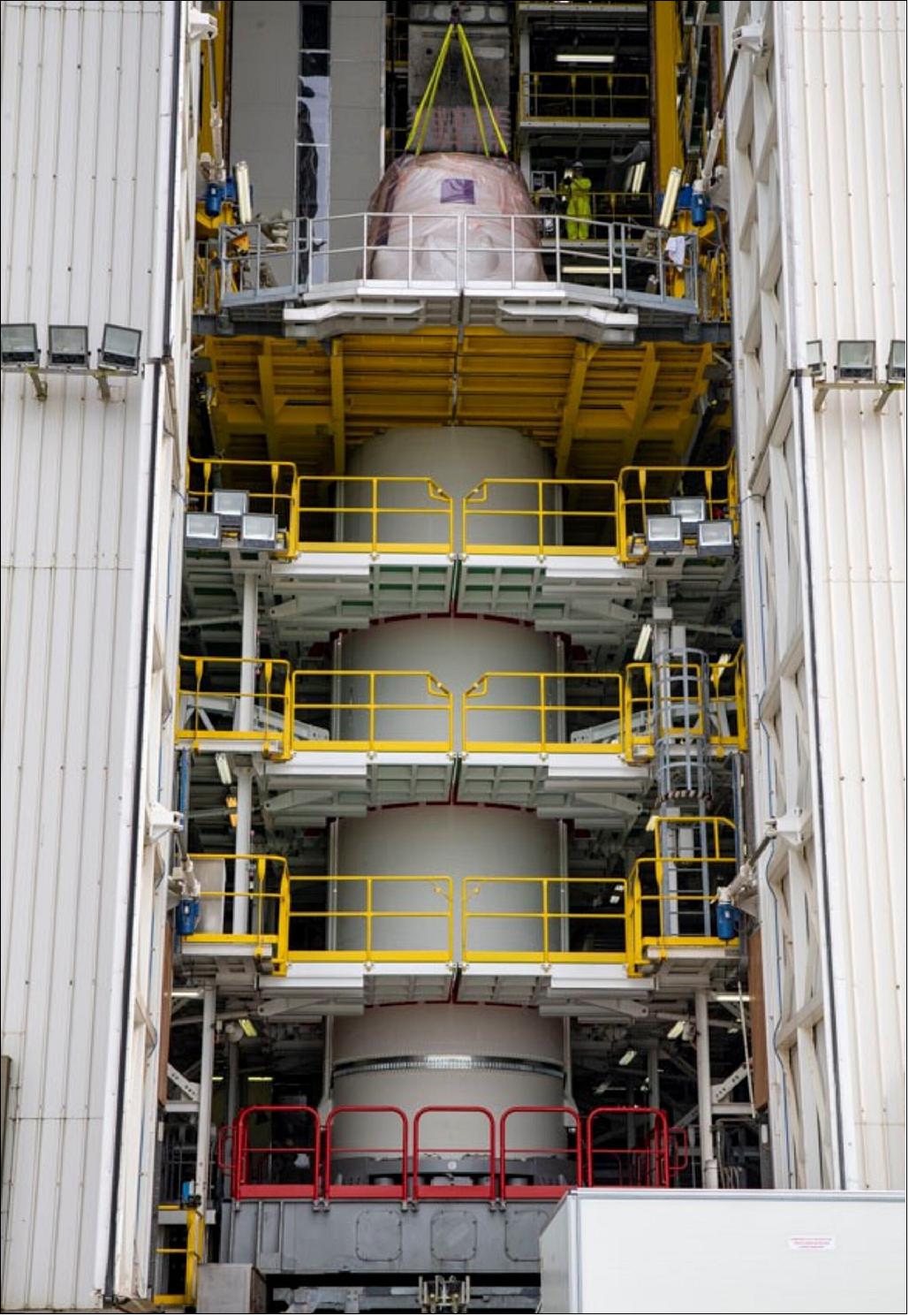 Figure 11: VV21 1-2 interstage integration. The Vega-C Interstage 1/2 has now been transferred to and integrated at the Vega Launch Zone (Zone de Lancement Vega) ZLV at Europe's Spaceport in Kourou, French Guiana on 22 April 2022 (image credit: ESA/CNES/Arianespace/Optique video du CSG/P Baudon)
