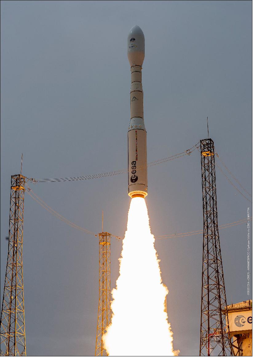 Figure 4: ESA’s new Vega-C rocket lifted off for its inaugural flight VV21 at 13:13 UTC from Europe’s Spaceport in French Guiana. With new first and second stages and an uprated fourth stage, Vega-C increases performance to about 2.3 t in a reference 700 km polar orbit, from the 1.5 t capability of its predecessor, Vega. For flight VV21, Vega-C’s payload is LARES-2, a scientific mission of the Italian space agency ASI and six research CubeSats from France, Italy and Slovenia. (image credit: ESA-CNES-Arianespace/Optique video du CSG - S. Martin)