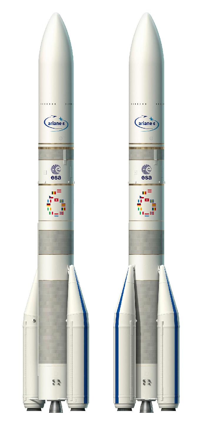 Figure 1: Artist's rendition of the two configurations of Ariane 6 using two boosters, A62 (left) or four boosters A64 (right), image credit: ESA, David Ducros, 2017