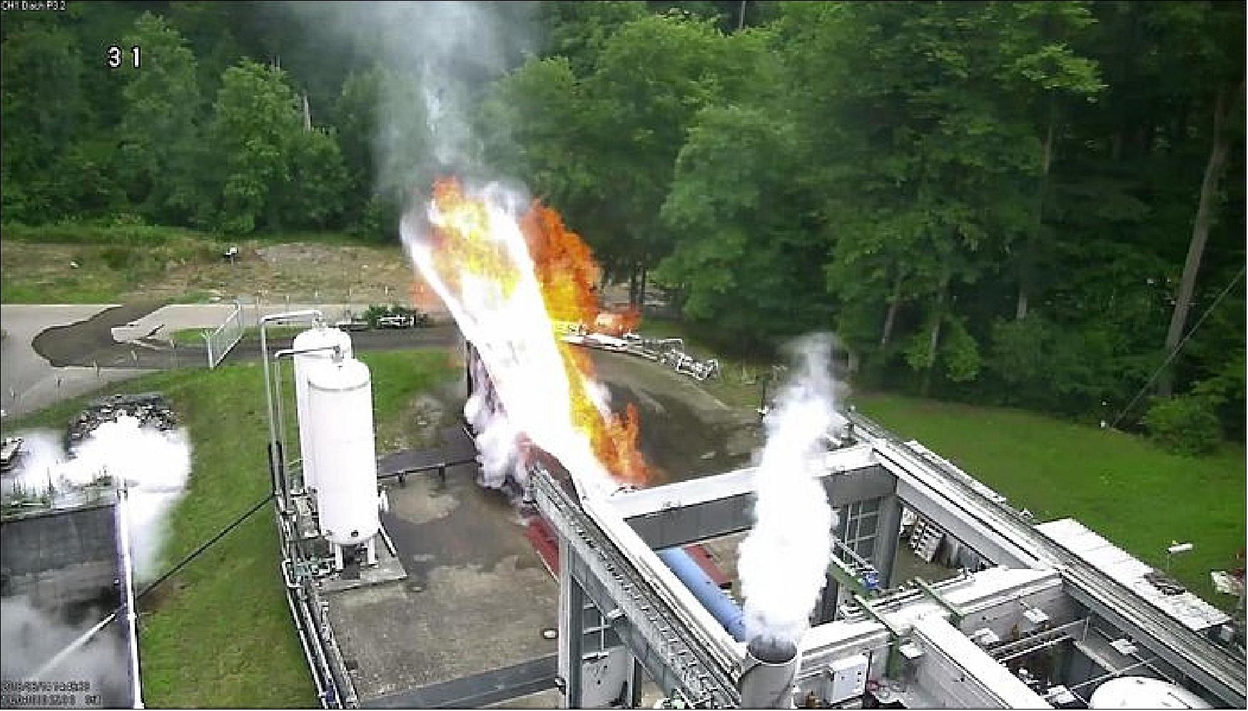 Figure 114: An engine technology demonstrator was integrated in the P3.2 vacuum chamber at the DLR German Aerospace Center test facility in Lampoldshausen for a first hot fire test on 14 June 2018. This was the first in a series of planned tests guiding Europe’s next-generation upper-stage rocket engine design (image credit: DLR / ArianeGroup)
