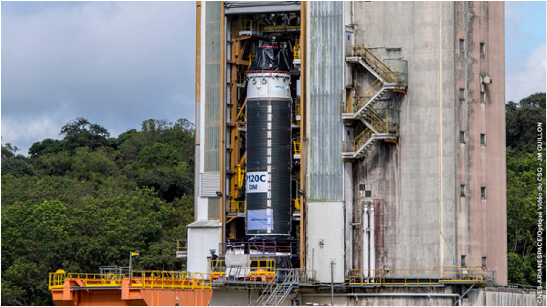 Figure 110: Largest-ever solid rocket motor poised for first hot firing (image credit: ESA/CNES/Arianespace)