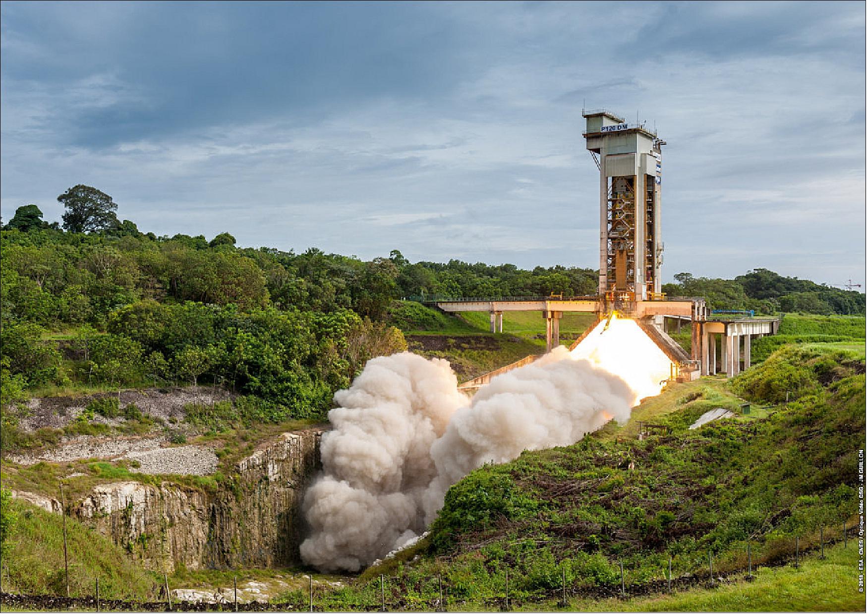 Figure 109: The hot firing of the development model of the P120C solid fuel rocket motor at Europe’s Spaceport in French Guiana on 16 July 2018, proves the design for use on Vega-C next year and on Ariane 6 from 2020 (image credit: ESA, CNES)