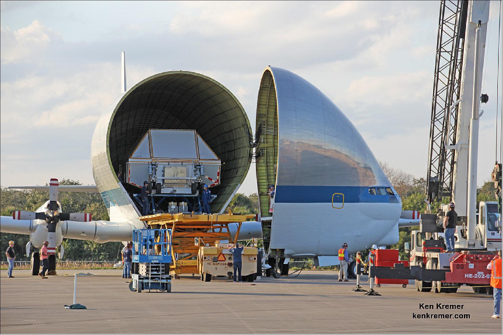 Figure 77: The nose of the Super Guppy aircraft opened to reveal cargo hold carrying the Orion crew module pressure vessel after arrival at KSC (image credit: Ken Kremer)