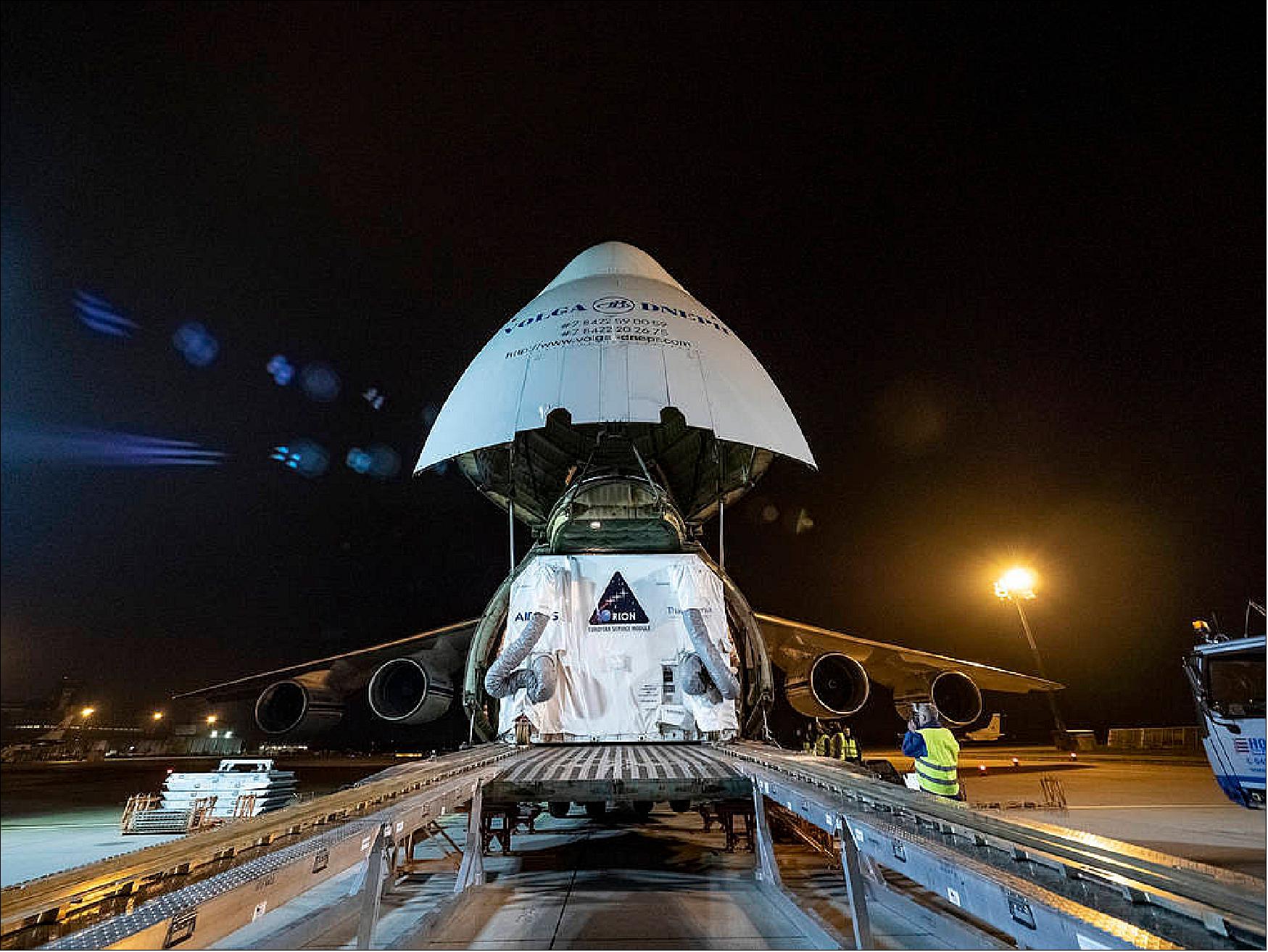 Figure 58: The European Service Module for NASA's Orion spacecraft was loaded on an Antonov airplane in Bremen, Germany, on Nov. 5, 2018, for transport to NASA's Kennedy Space Center in Florida. For the first time, NASA will use a European-built system as a critical element to power an American spacecraft, extending the international cooperation of the International Space Station into deep space (image credit: NASA/Rad Sinyak)