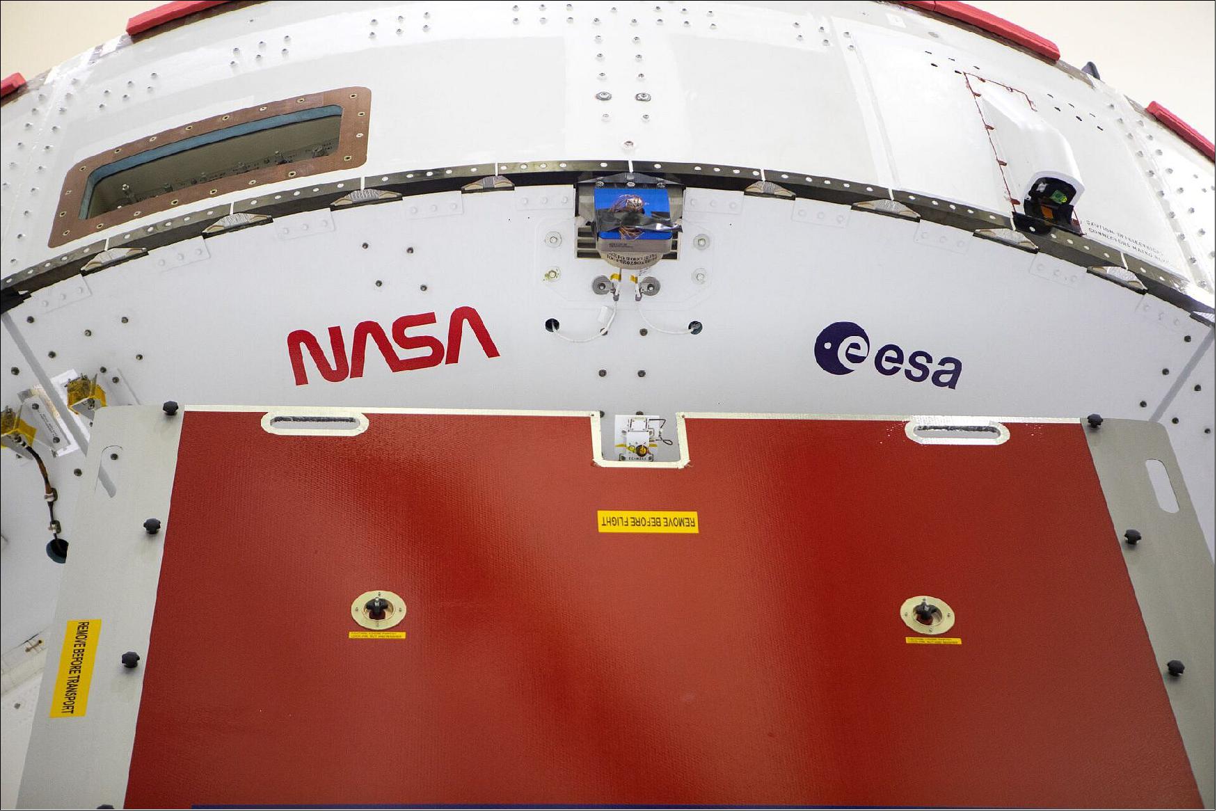 Figure 36: Logos on Orion. The space agency logos for the next spacecraft to head to the Moon have been added to Orion as part of the Artemis program. ESA’s logo reflects our European nature and our pioneering activities in space. NASA’s ‘worm’ design was officially introduced in 1975 and was incorporated into many of the agency’s next-generation programs. It was retired in 1992, but made a comeback in 2020 as a new, modern era of human spaceflight becomes reality (image credit: NASA)
