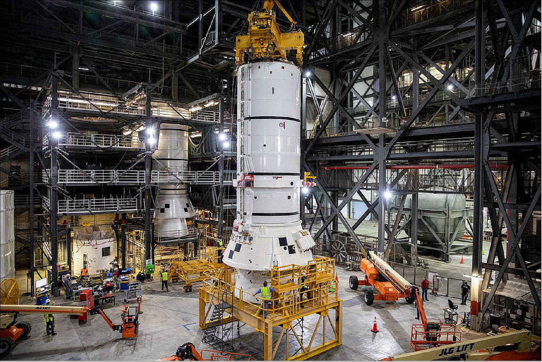 Figure 33: The solid rocket boosters are the first components of the SLS rocket to be stacked and will help support the remaining rocket pieces and the Orion spacecraft (image credit: NASA/Kim Shiflett)