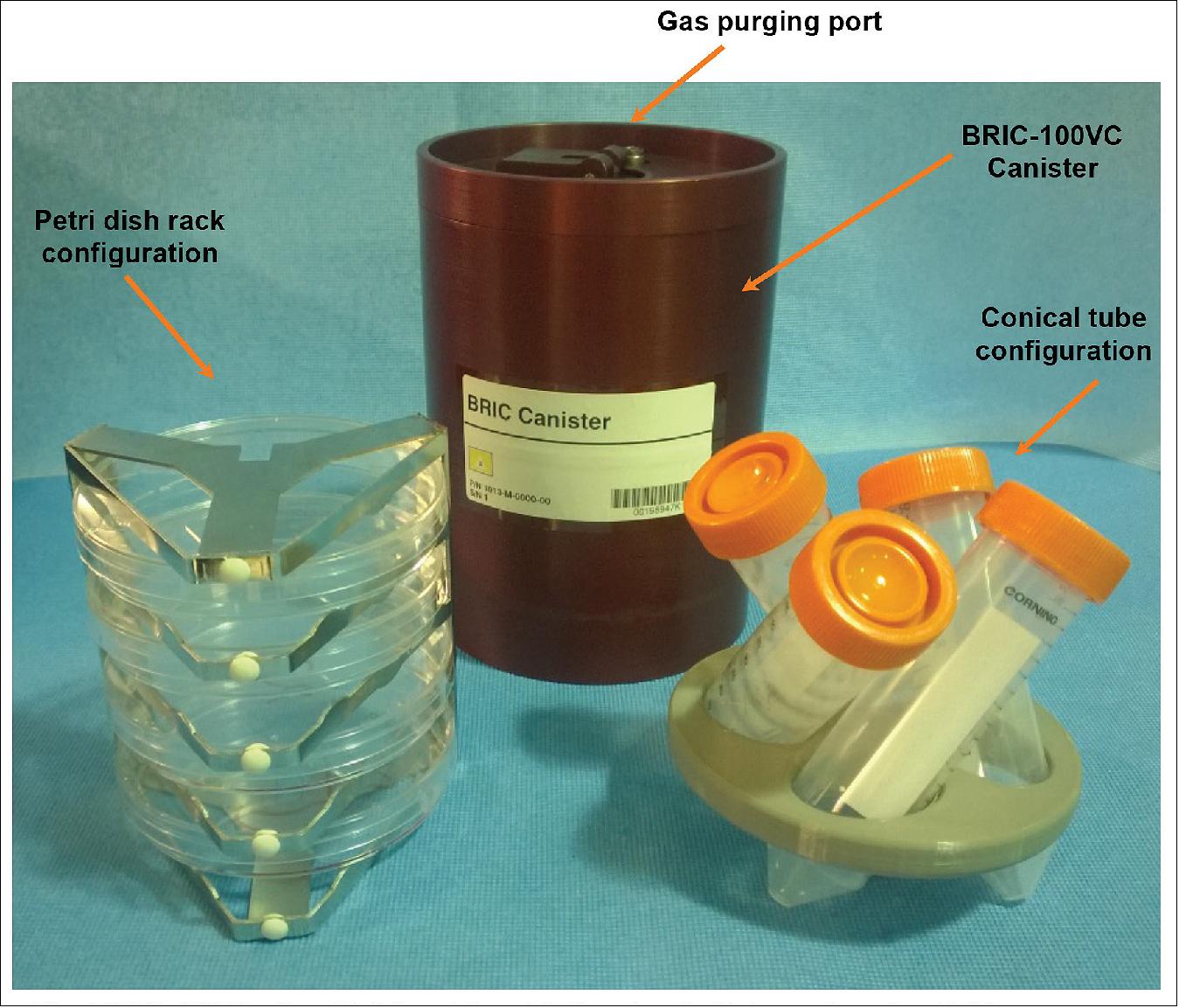 Figure 88: The BRIC system will be used by the selected proposals. This image shows a BRIC-100VC with petri dish rack insert (left) and conical tube configuration (right), image credit: NASA