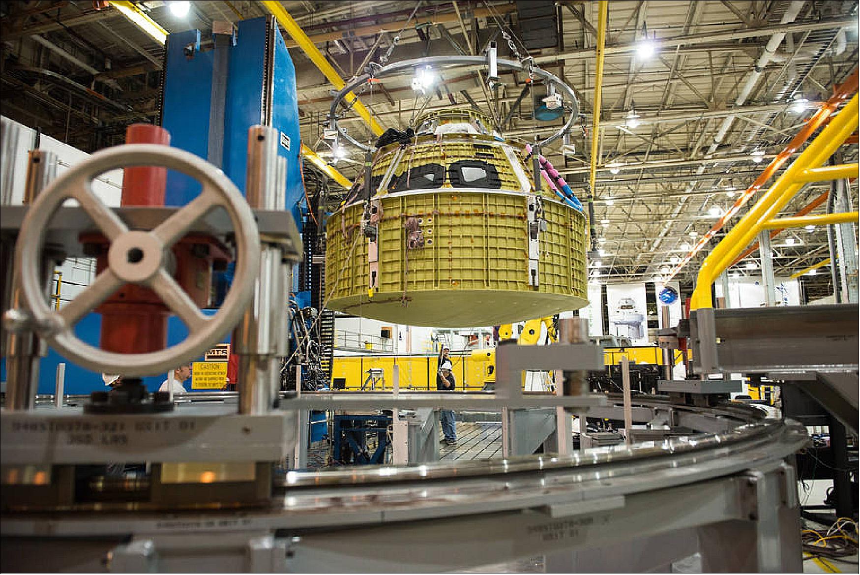 Figure 79: Orion EM-1 pressure vessel was completed Jan. 13, 2016 at NASA’s Michoud Assembly Facility in New Orleans, LA. The pressure vessel is the spacecraft’s underlying structure on which all of the spacecraft’s systems and subsystems are built and integrated (image credit: NASA)