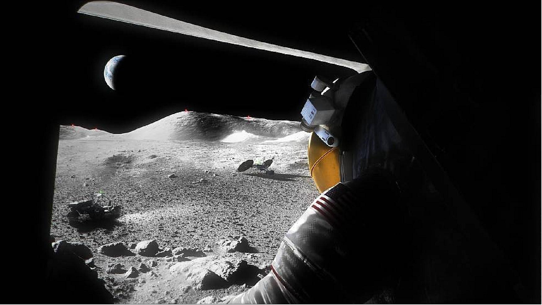 Figure 7: An illustration of a suited Artemis astronaut looking out of a Moon lander hatch across the lunar surface, the Lunar Terrain Vehicle and other surface elements (image credits: NASA)