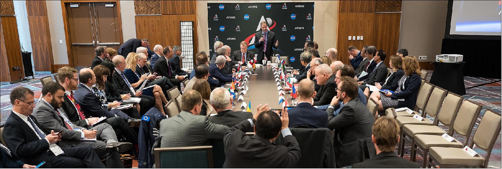 Figure 3: NASA Administrator Jim Bridenstine speaks during a multilateral meeting of the heads of space agencies at the 70th IAC (International Astronautical Congress), Tuesday, 22 October 2019 in Washington D.C. (image credit: NASA/Aubrey Gemignani)