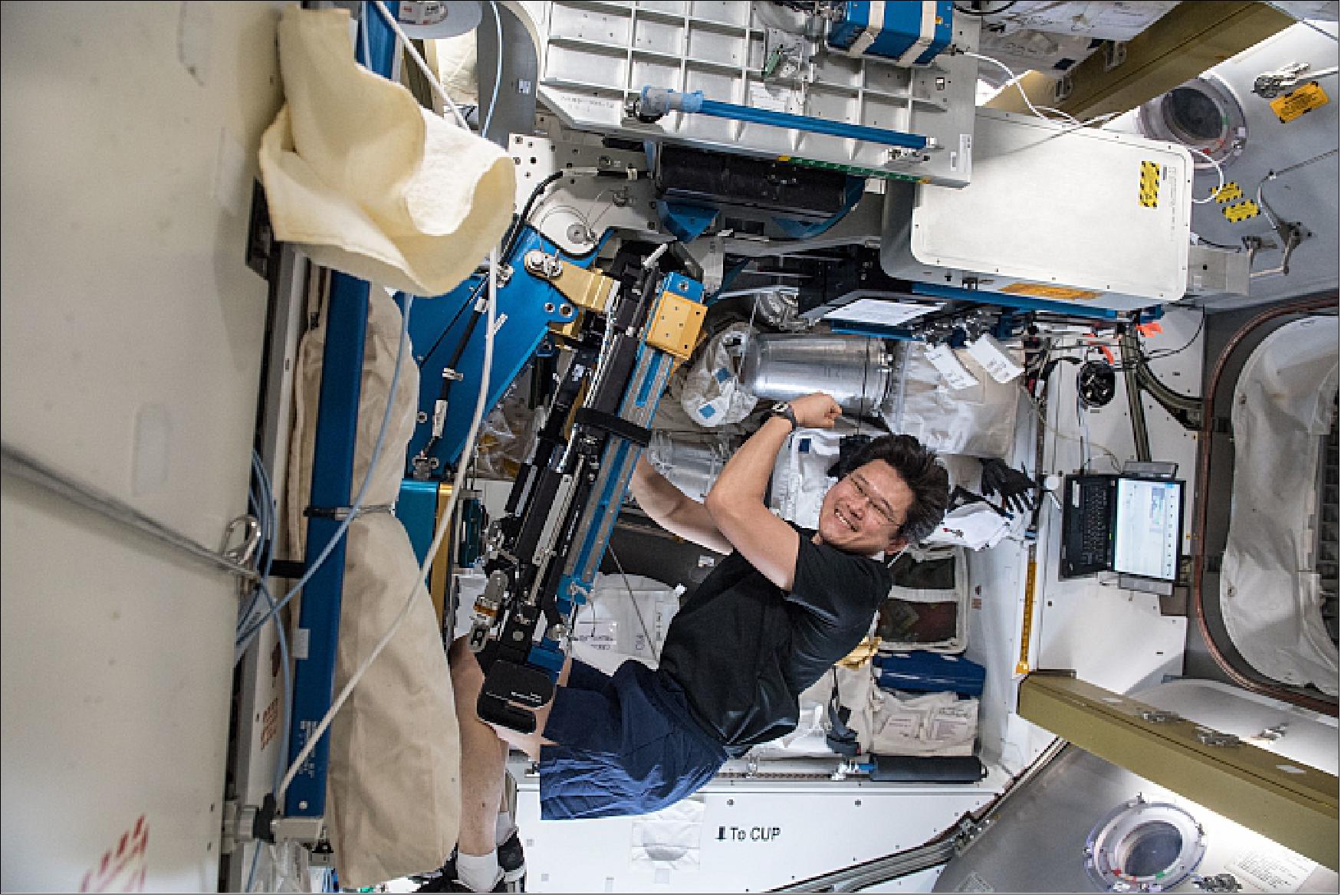 Figure 47: Japan Aerospace Exploration agency (JAXA) astronaut Norishige Kanai using the Advanced Resistive Exercise Device (ARED), which provides loading so that crew members experience load and maintain muscle strength and mass during long periods in space (image credit: JAXA)