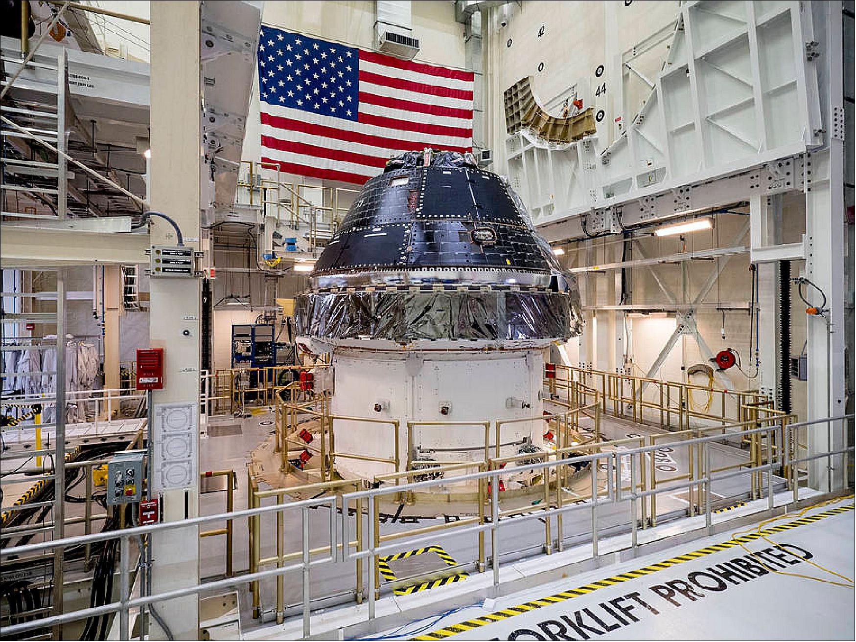 Figure 44: NASA completed building and outfitting the Orion crew capsule for the first Artemis lunar mission in June 2019. The spacecraft is being prepared for its uncrewed test flight atop NASA’s Space Launch System (SLS) rocket. Artemis-1 is the first test flight of the SLS and Orion spacecraft as an integrated system and will send Orion thousands of miles beyond the Moon and back to Earth (image credit: NASA, Radislav Sinyak)