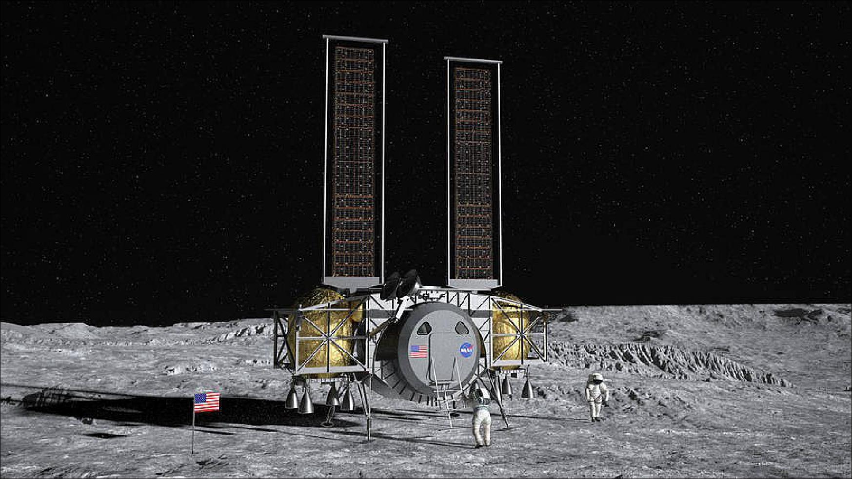 Figure 41: Artist concept of the Dynetics Human Landing System on the surface of the Moon (image credit: Dynetics)