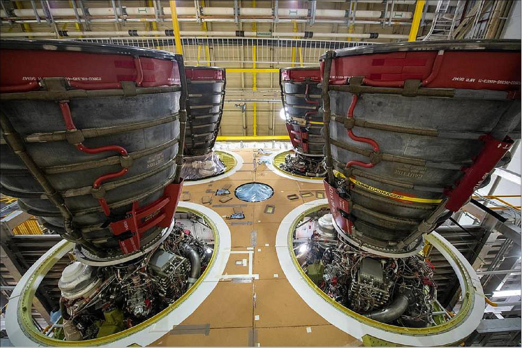 Figure 38: ASA has awarded a contract to Aerojet Rocketdyne of Sacramento, California, to manufacture 18 additional Space Launch System (SLS) RS-25 rocket engines to support Artemis missions to the Moon. The four RS-25 engines, shown here, are attached to the SLS core stage that will send the Artemis I mission to the Moon. Currently, the stage is undergoing a series of Green Run tests in a test stand at Stennis Space Center near Bay St. Louis, Mississippi. The additional engines will support future SLS flights to deep space (image credit: NASA/Jude Guidry)