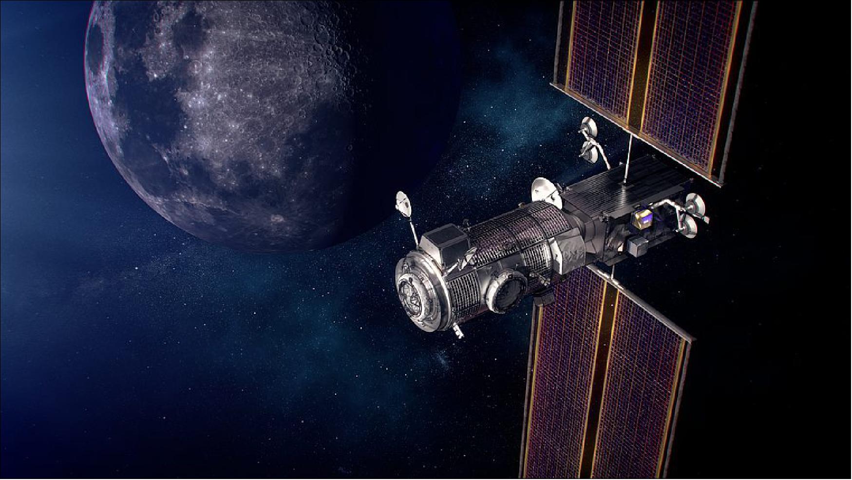 Figure 37: Artist's concept of the Gateway power and propulsion and HALO (Habitation and Logistics Outpost) in orbit around the Moon (image credit: NASA)